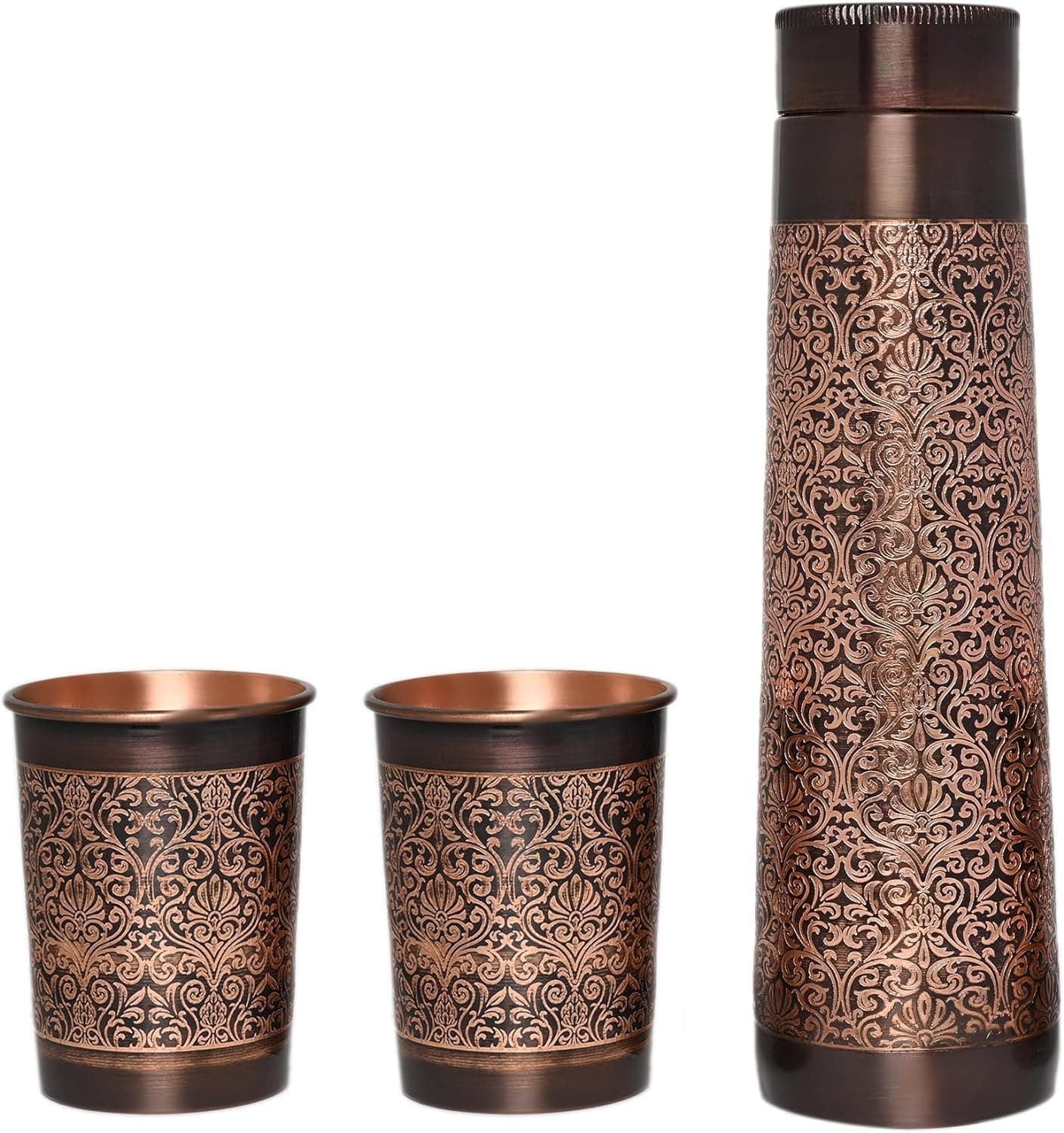 ANCIENTIMPEX Copper Water Bottle with 2 Tumblers – Floral Pattern Lighthouse Shape | Pure Copper Drinkware for Ayurveda Health, Digestion & Detox