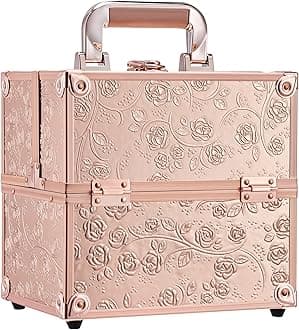 Frenessa Makeup Train Case Cosmetic Box Portable Makeup Case Organizer 4 Trays Travel Case Storage with Dividers Lockable for Makeup Artist, Crafter, Makeup Tools Rose Gold Floral