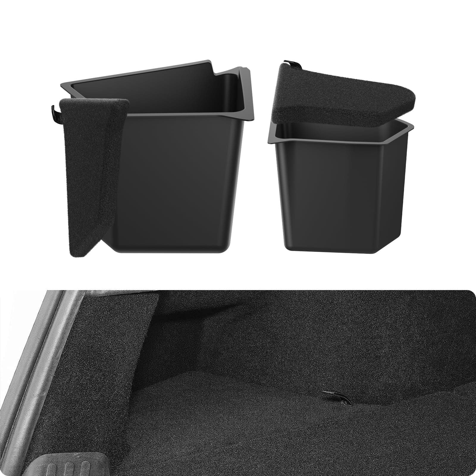 BASENOR New Version 2022-2024 Tesla Model Y Trunk Organizer Trunk Storage Bins with Carpeted Lid, Waterproof Rear Side Box Interior Accessories for Model Y 5-Seater