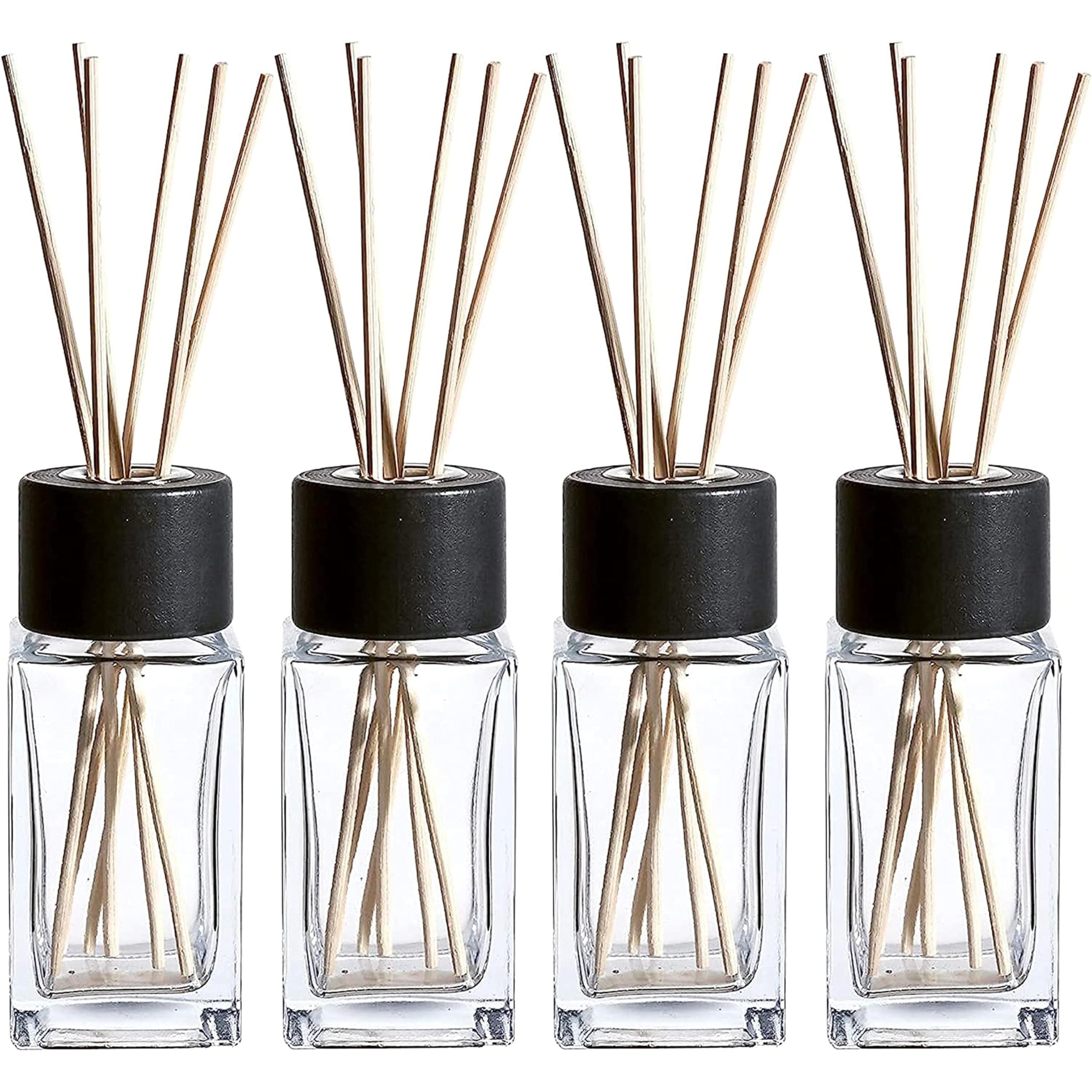Natural Diffuser Reeds Bottles Sticks | Clear Glass Home Décor for Kitchen and Living Room | Black Wood Caps | Décorative Fragrance Set with Long Lasting Aroma - Set of 4