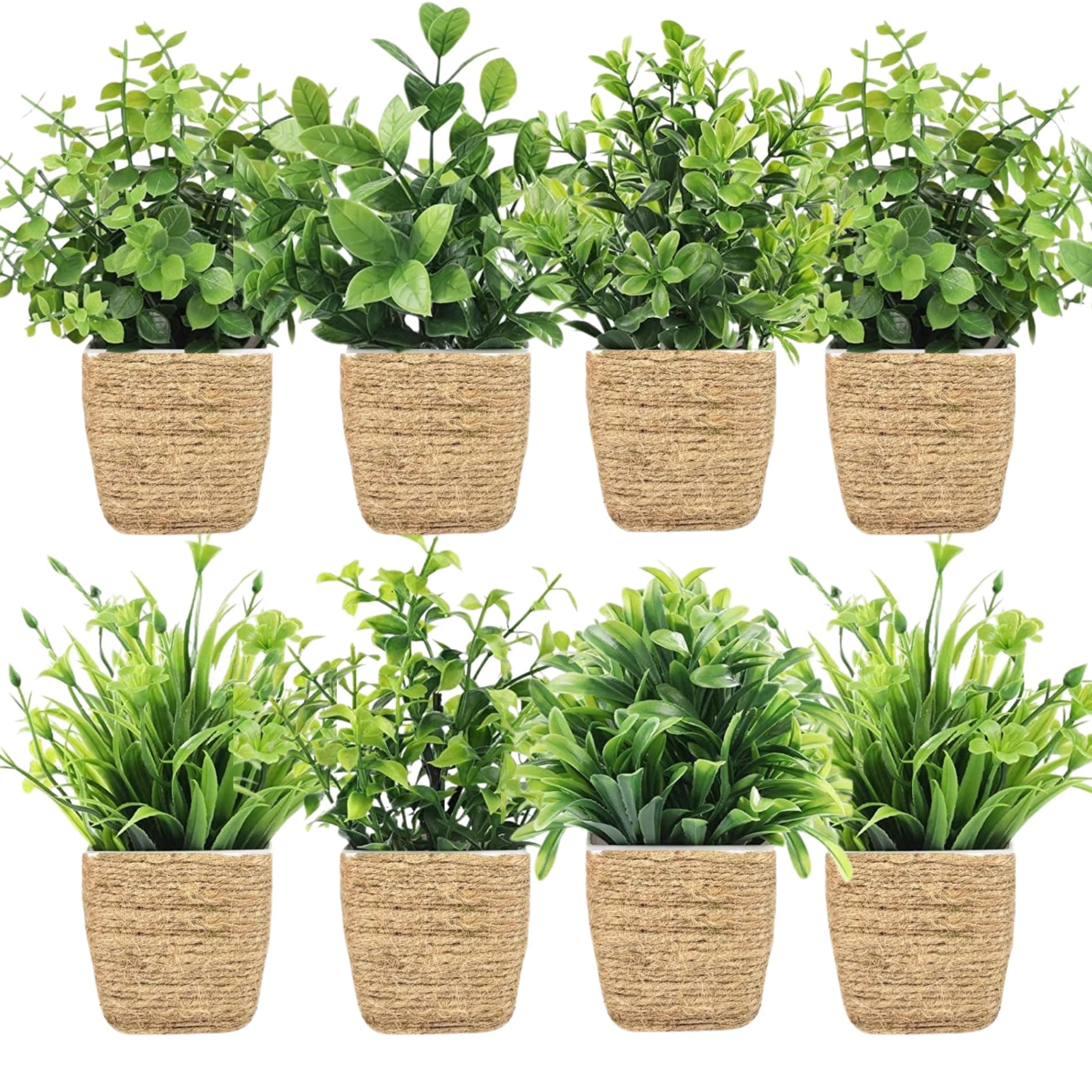 Dekorly Artificial Potted Plants, Artificial Plastic Eucalyptus Plants Small Indoor Potted Houseplants, Small Faux Plants for Home Decor Bathroom Office Farmhouse (Pack of 8 Jute Pot), Green