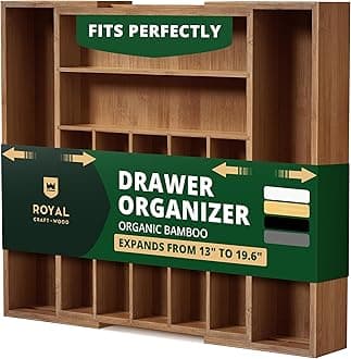 ROYAL CRAFT WOOD Luxury Bamboo Kitchen Drawer Organizer - Silverware Organizer - Utensil Holder and Cutlery Tray with Grooved Drawer Dividers for Flatware and Kitchen Utensils (9 Slot, Brown Bamboo)