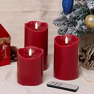 Eywamage Red Flameless LED Pillar Candles with Remote, Real Wax Flickering Christmas Candles Battery Operated Set of 3