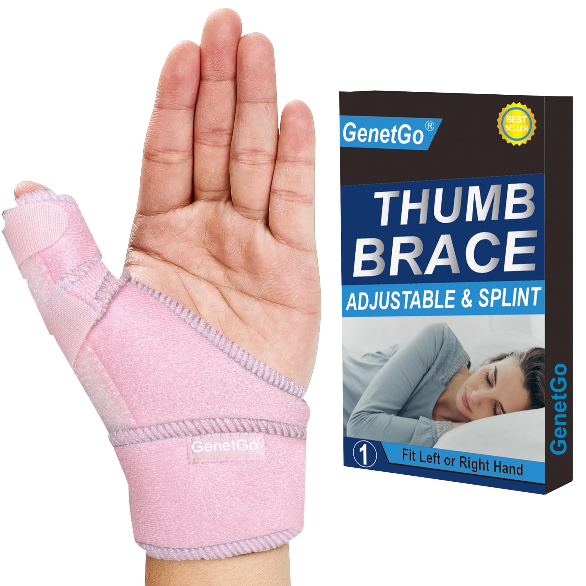 GenetGo Trigger Thumb Splint - Thumb Spica Support Brace Stabilizer for Pain, Sprains, Arthritis, Tendonitis (Right Hand or Left Hand) (Pink)