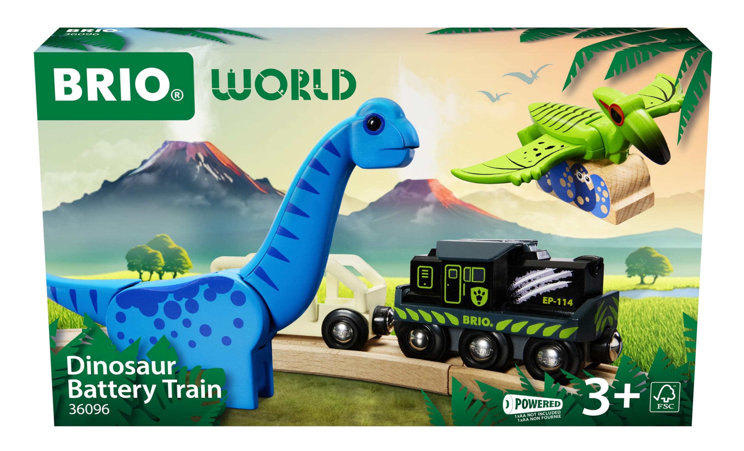 BRIO 36096 Dinosaur Battery Train – Motorized Toy Train with Light, 2 Dinosaur Figures & Egg Cargo – Compatible with BRIO Wooden Railway Sets – Ages 3+