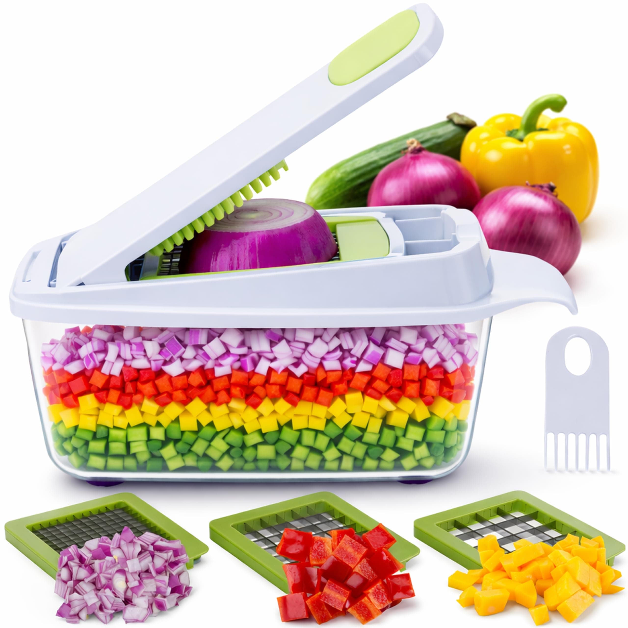 Brieftons QuickPush Food Chopper (BR-QP-02): 200% More Container Capacity, 30% Heavier Duty, Kitchen Vegetable Fruit Dicer, Onion Tomato Potato Fries Cutter, with 3 Dicing Blades & Lid