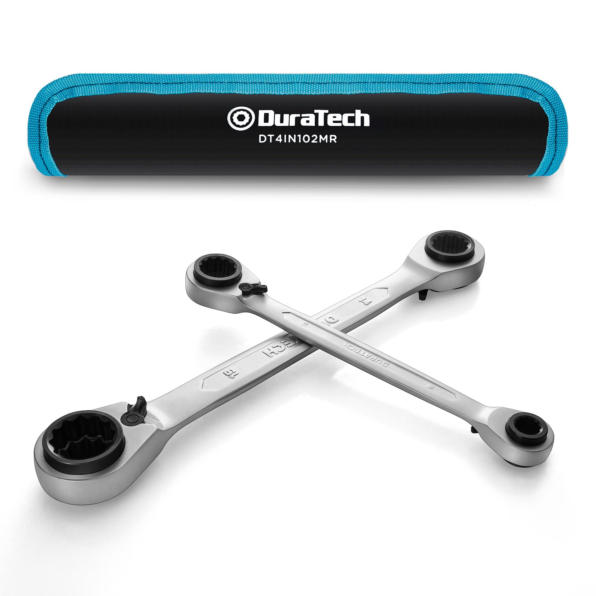 DURATECH 2 Piece 4-in-1 Reversible Ratchet Spanner Set 8-19 mm, Metric Double Ring Ratcheting Box Spanners, 72-Tooth, Chrome Vanadium Steel, with Roll-Up Pouch