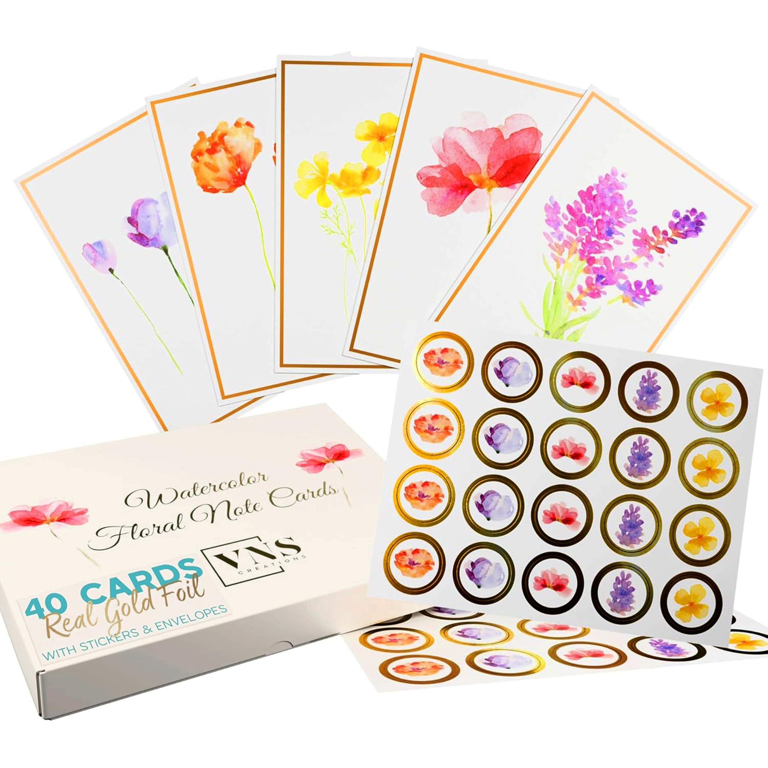 VNS Creations 40 Pack Blank Cards With Envelopes - 4x6 Plain Elegant Floral Stationery Note Sets with Envelope - Watercolor Flowers Greeting Blank Note Cards Assortment Box for All Occasions