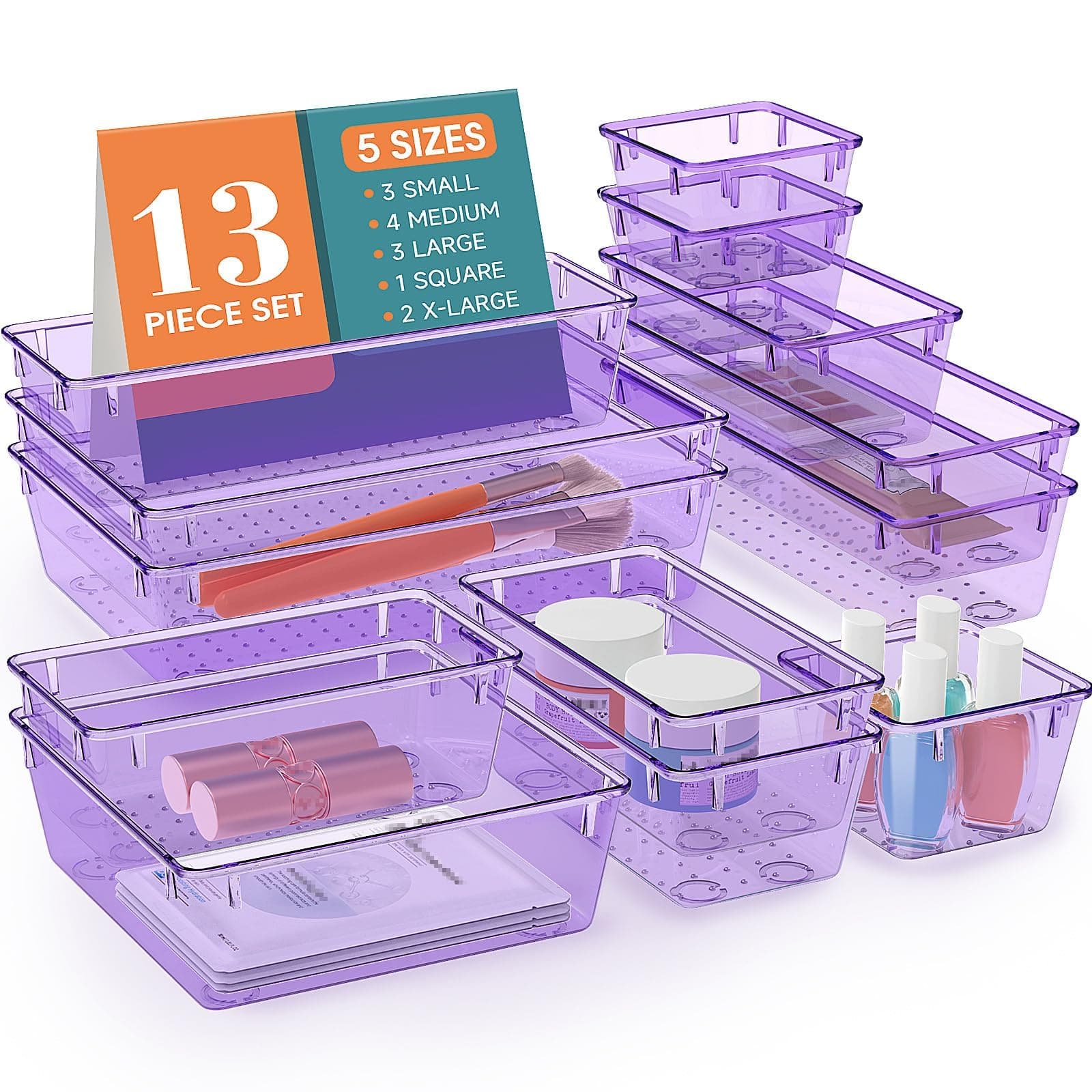 13 PCS Drawer Organizer Set, 5 Varied Size Bathroom and kitchen Drawer cabinet organizer Trays, Clear Storage Bins for Makeup, Jewelry, Utensils and Gadgets, Purple