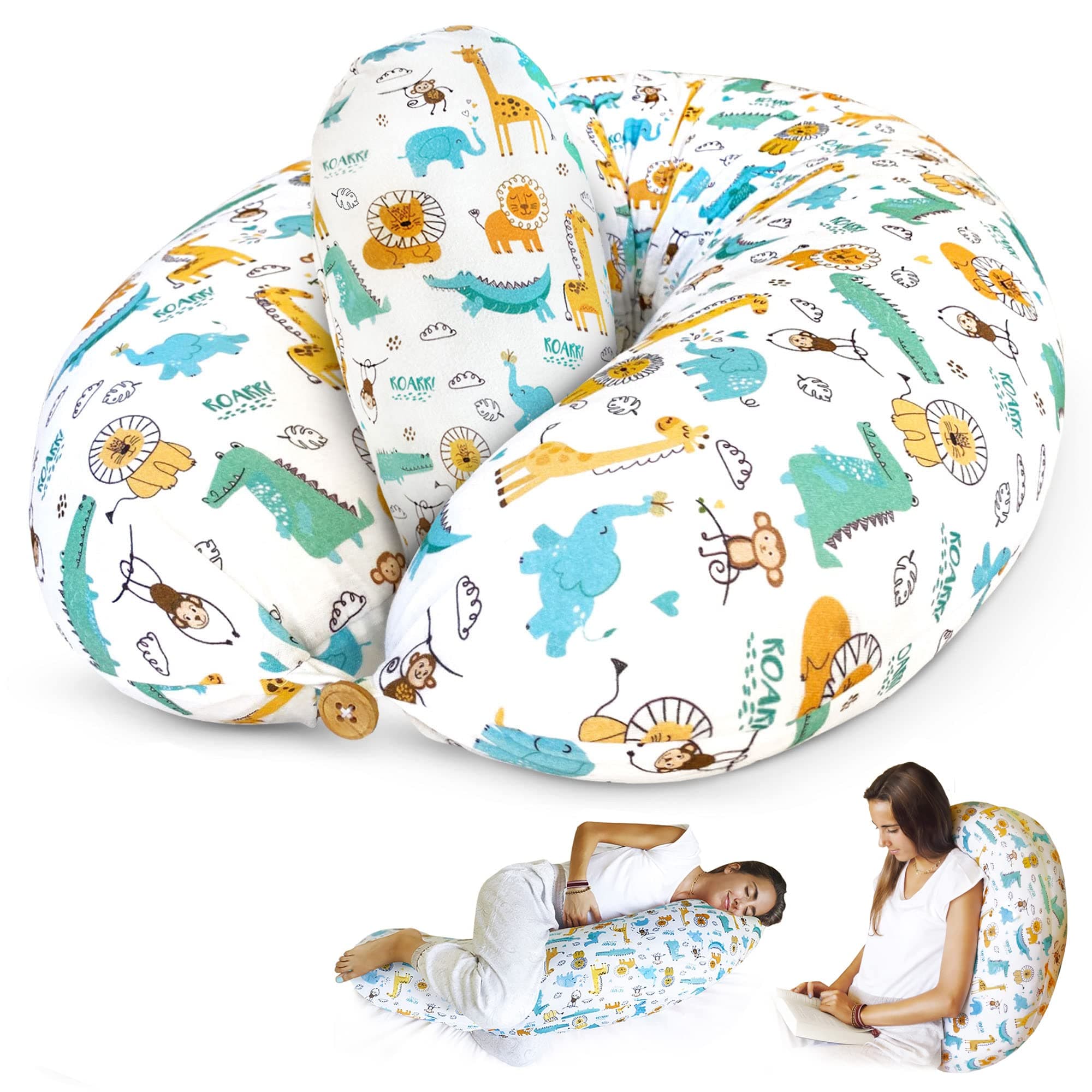 Bamibi® Pregnancy Pillow - Full Body Support Maternity Pillow for Sleeping – Providing Support for Adults and Pregnant Women Back, HIPS, Legs & Belly - Removable 100% Cotton Cover (Animals)