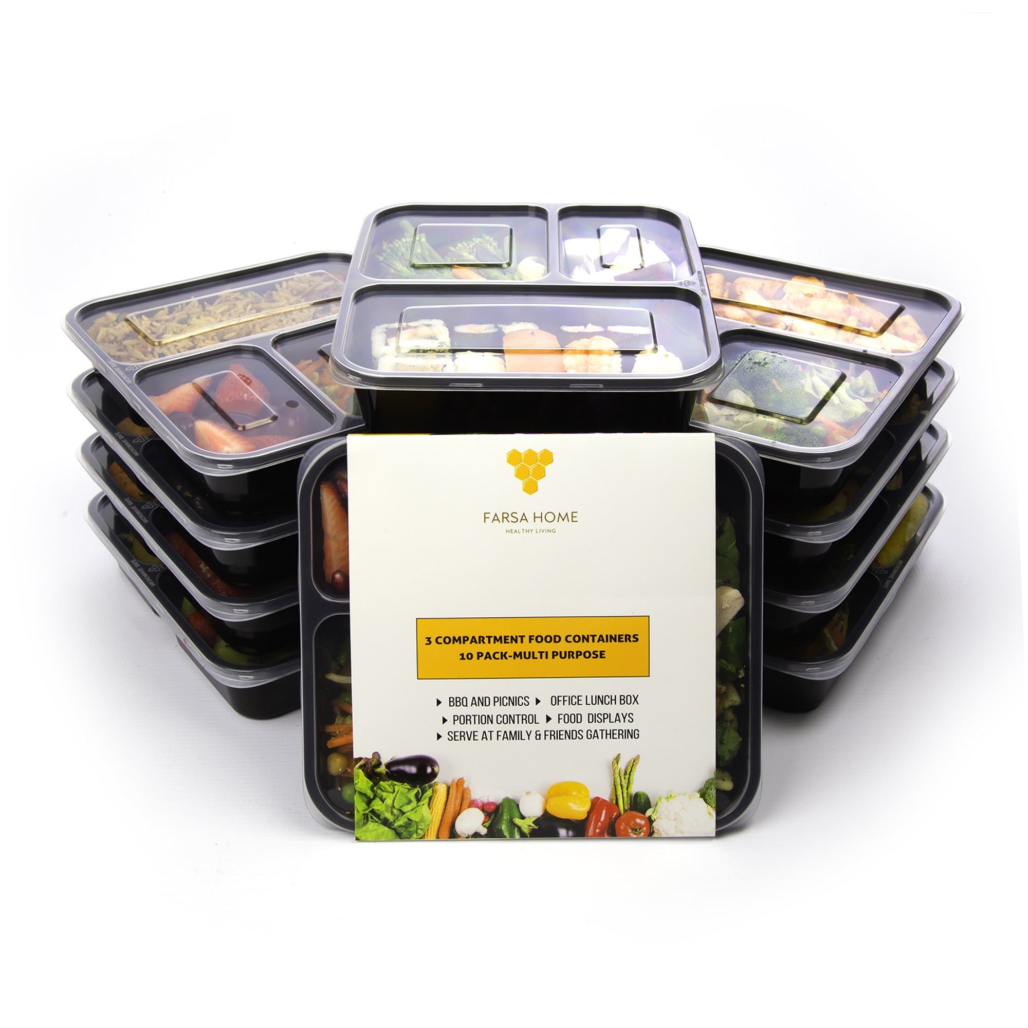 [10 Pack] Standard Size, 3 Compartment BPA Free Meal Prep Containers. Reusable Plastic Food Containers with Lids. Stackable, Microwavable, Freezer & Dishwasher Safe Bento Lunch Box Set