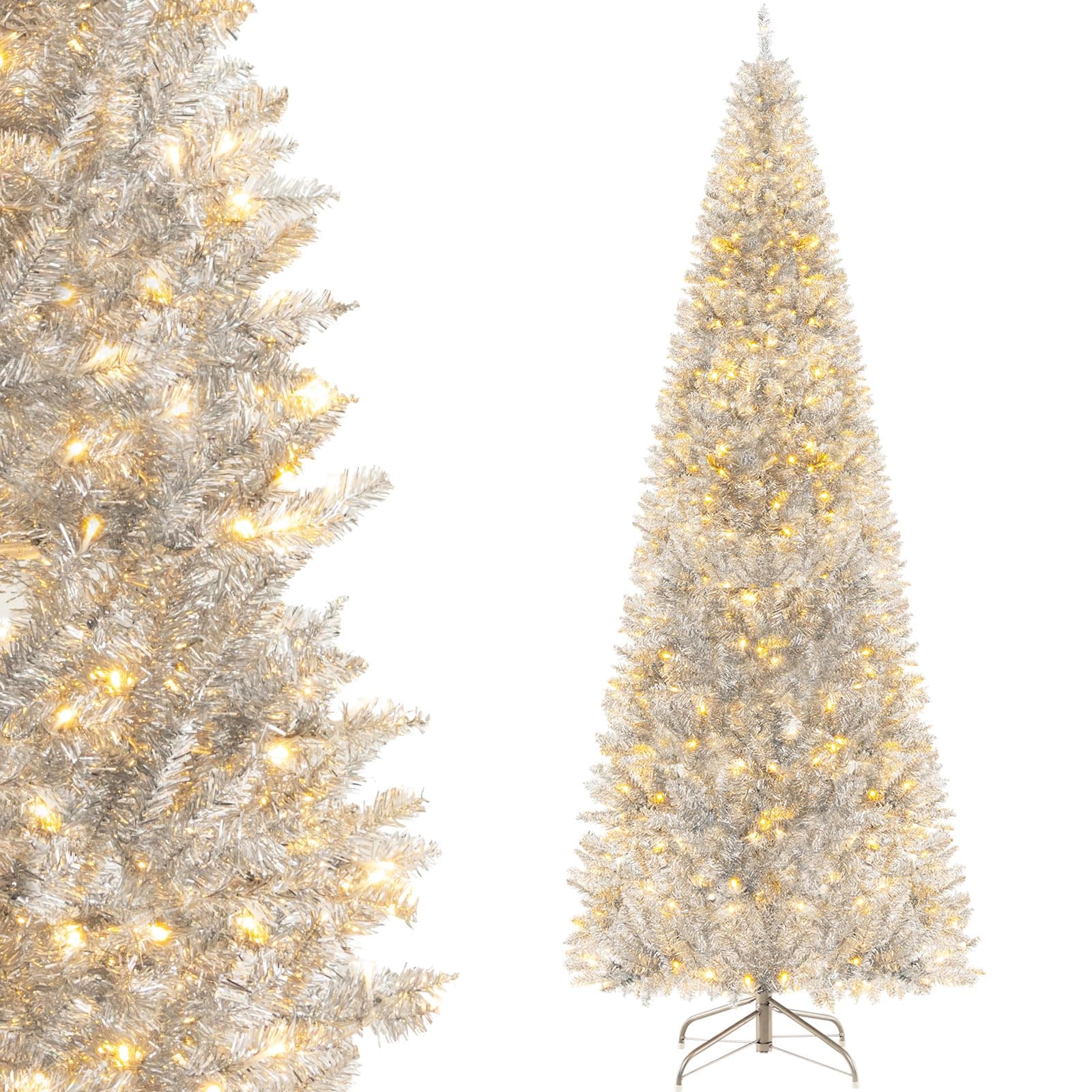 Goplus 7ft Pre-lit Silver Pencil Christmas Tree, Artificial Tinsel Electroplated Tree w/ 400 Warm-White LED Lights, 1030 Branch Tips, Metal Stand, Hinged Slim Xmas Tree Holiday Party Decor for Home