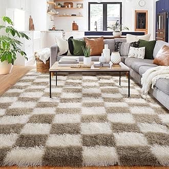 Large Living Room Rug, Checkered 180x270cm Beige and White Bedroom Area Rugs for Kids Room, Nursery, Dorm, Lounge, Soft Fluffy Plush Fuzzy Checkerboard Anti-slip Carpet