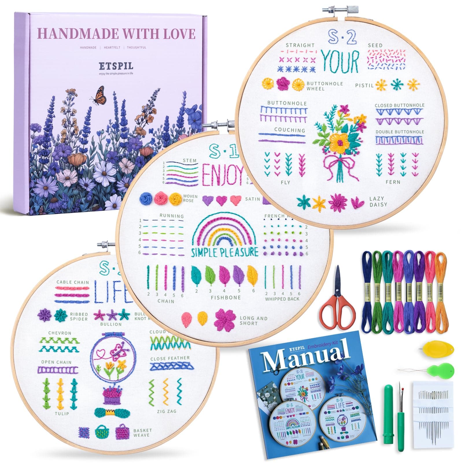 - 3 Pack Embroidery Kit for Beginners and Adults,Learn 33 Stitches with DIY Stamped Flower Patterns – Includes Hoop, Color Threads, Tools, and Step-by-Step Instructions with Video Tutorials