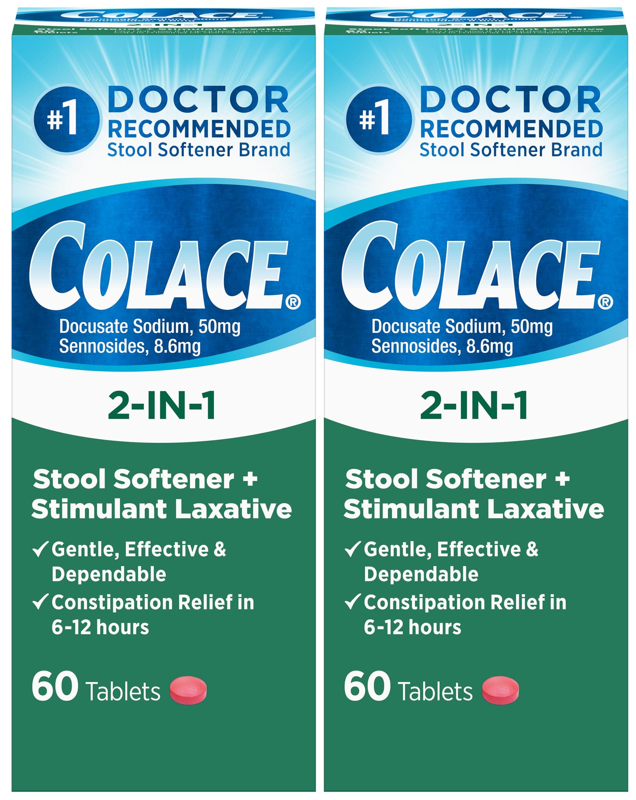 2-in-1 Stool Softener Plus Stimulant Laxative Tablets, 60 Count (Pack of 2), Gentle Constipation Relief, Docusate Sodium Plus Sennosides