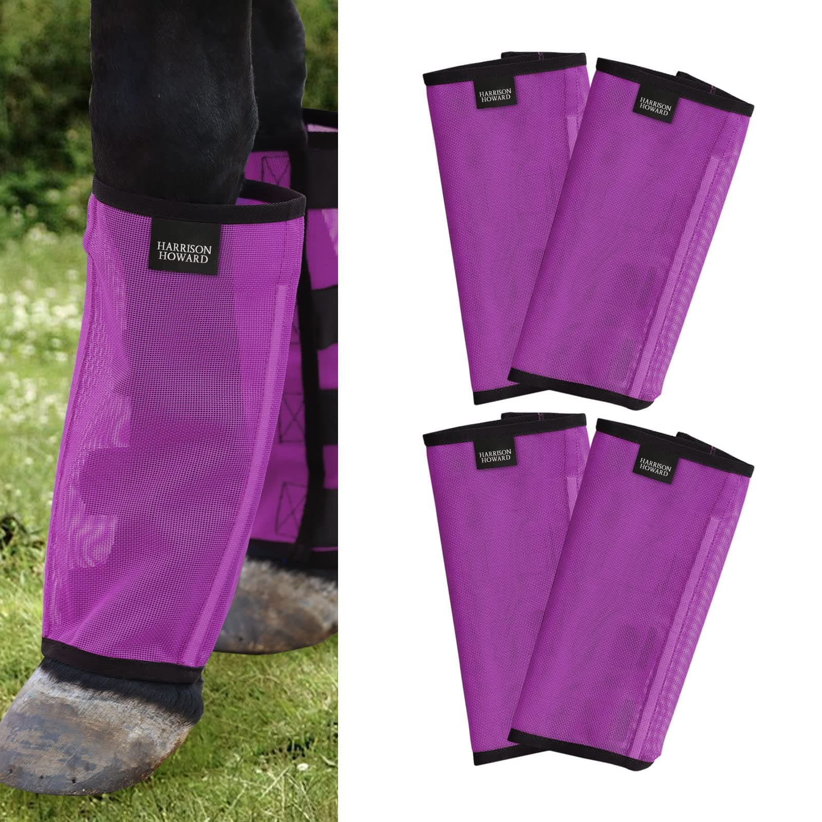 Harrison Howard Loose Fitting Fly Boots UV-Protective Extra Tough Mesh Ventilated Four Fasteners Stay-on Design Protect Horse Legs & Stomp-Reducing Set of 4 Purple Medium
