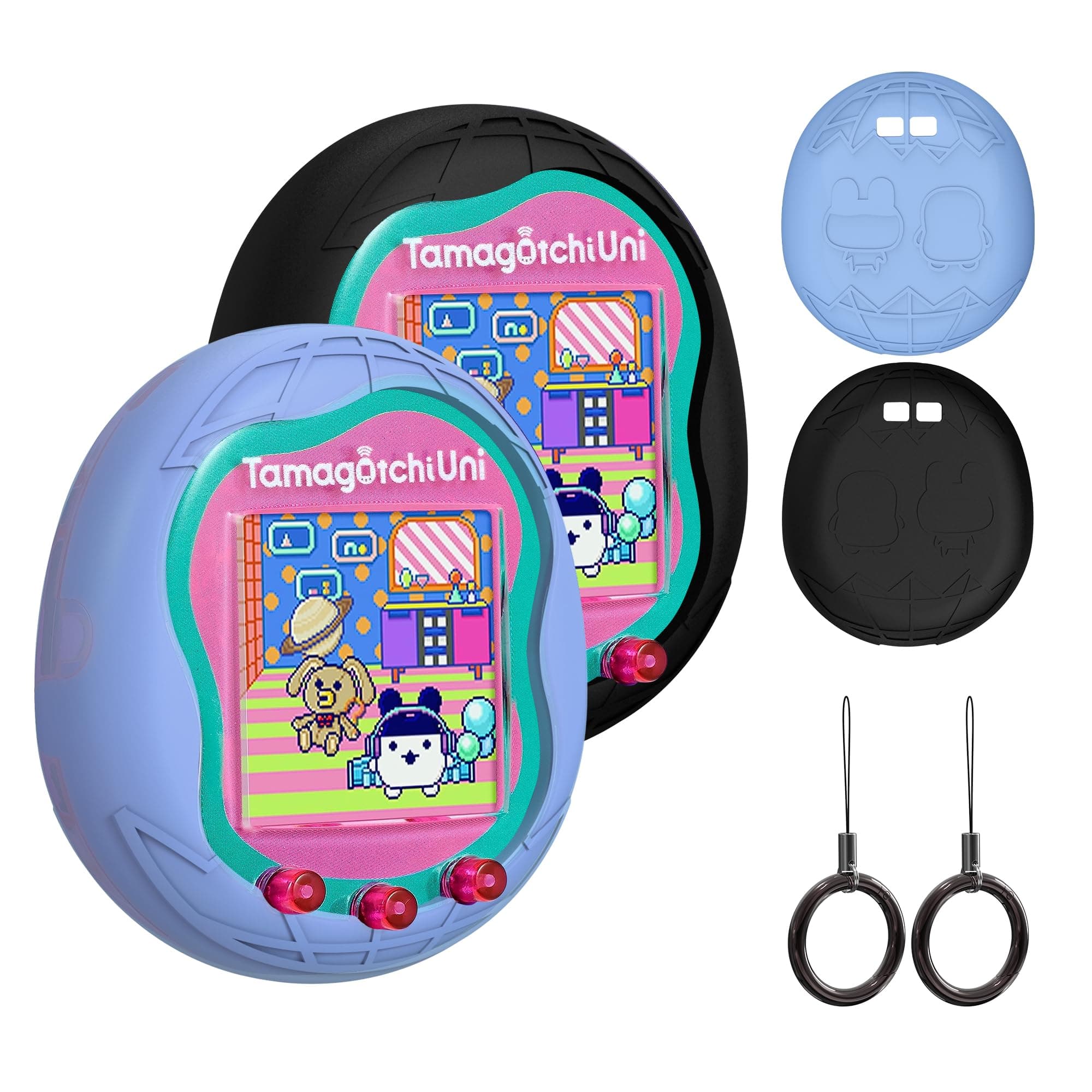 Silicone Case Compatible with Tamagotchi Uni Virtual Pet Machine, Protective Skin Sleeve Shell for Tamagotchi Uni with Finger Lanyard (Light Blue and Black)