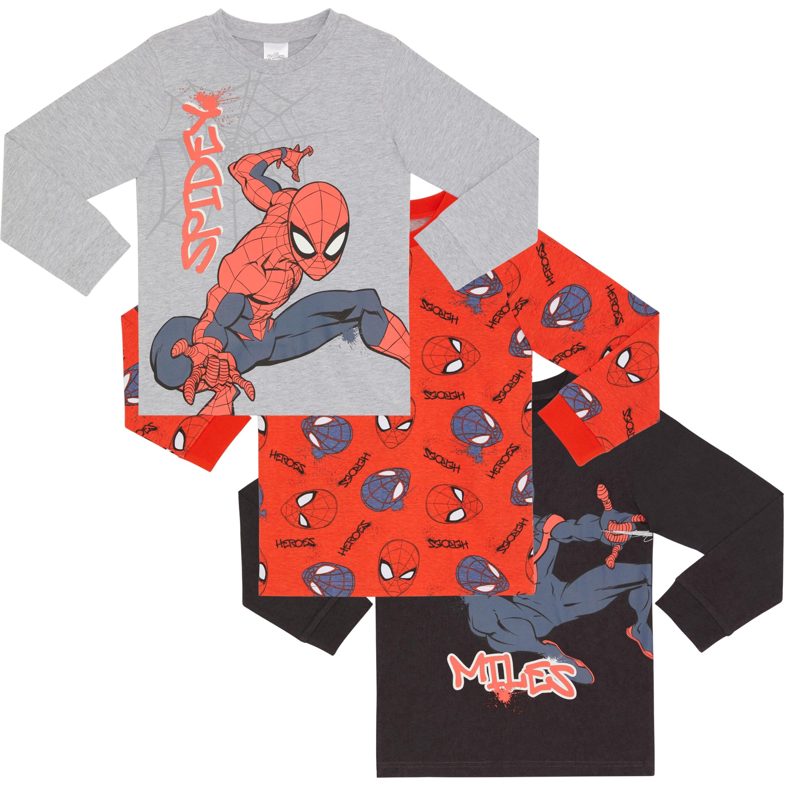 Spider-Man & Miles Morales Three Pack 100% Combed Cotton Long Sleeved T-Shirts Tops
