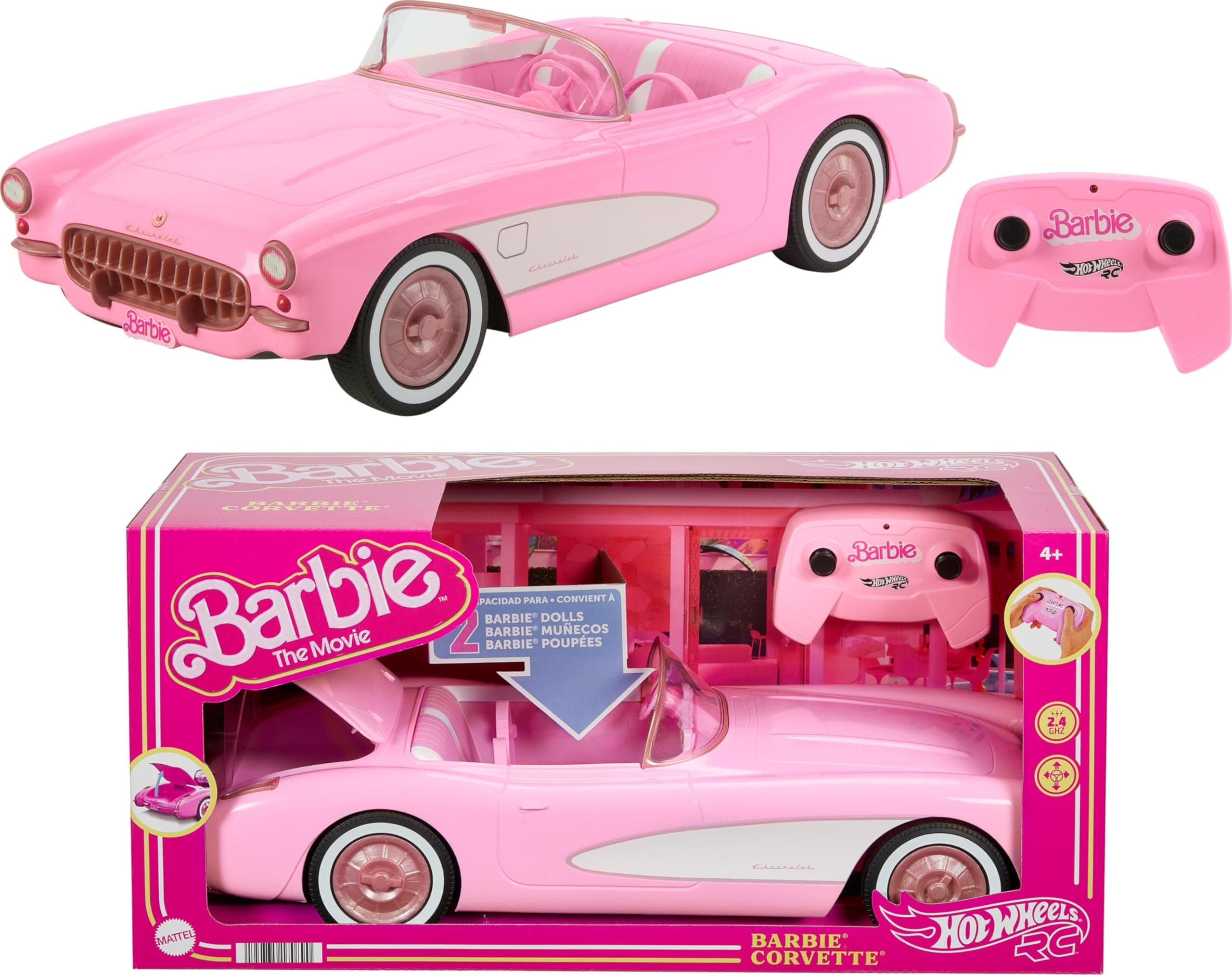 RC Corvette from Barbie the Movie, Full-Function Remote-Control Toy Car Holds 2 Barbie Dolls