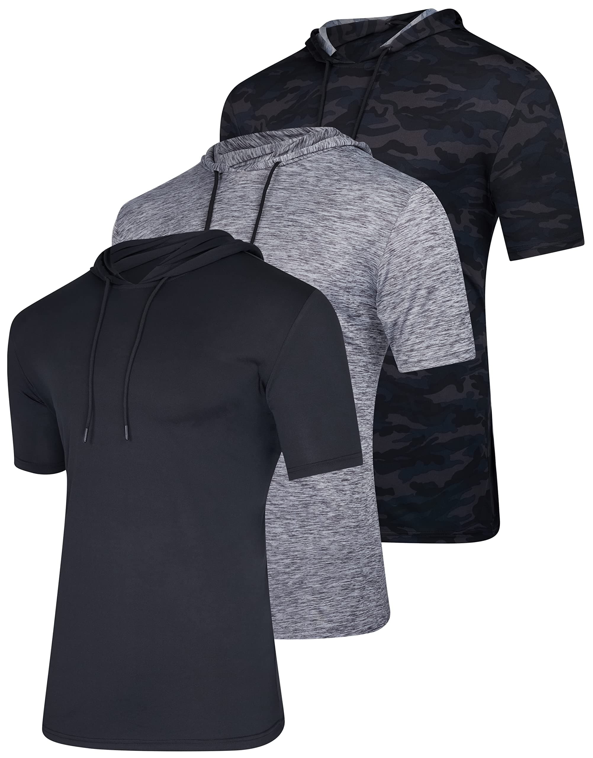Real Essentials 3 Pack: Men's Dry Fit Short Sleeve Active Athletic Hoodie Pullover Sweatshirt (Available in Big & Tall)
