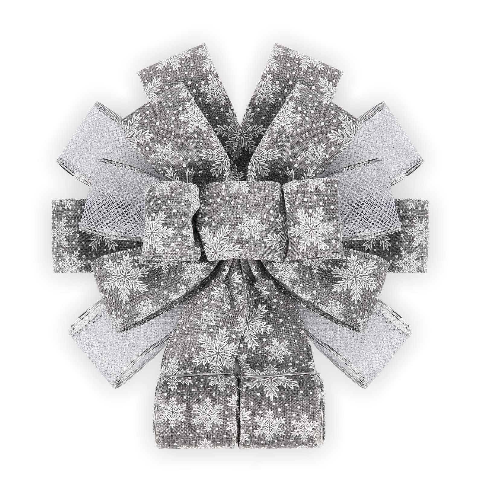 Christmas Tree Topper Bow 16" Sq Bow with 3.3 Yards Long Tails, Large Christmas Bow with Glitter Mesh Streamer, Christmas Tree Decoration - Sliver Snowflake