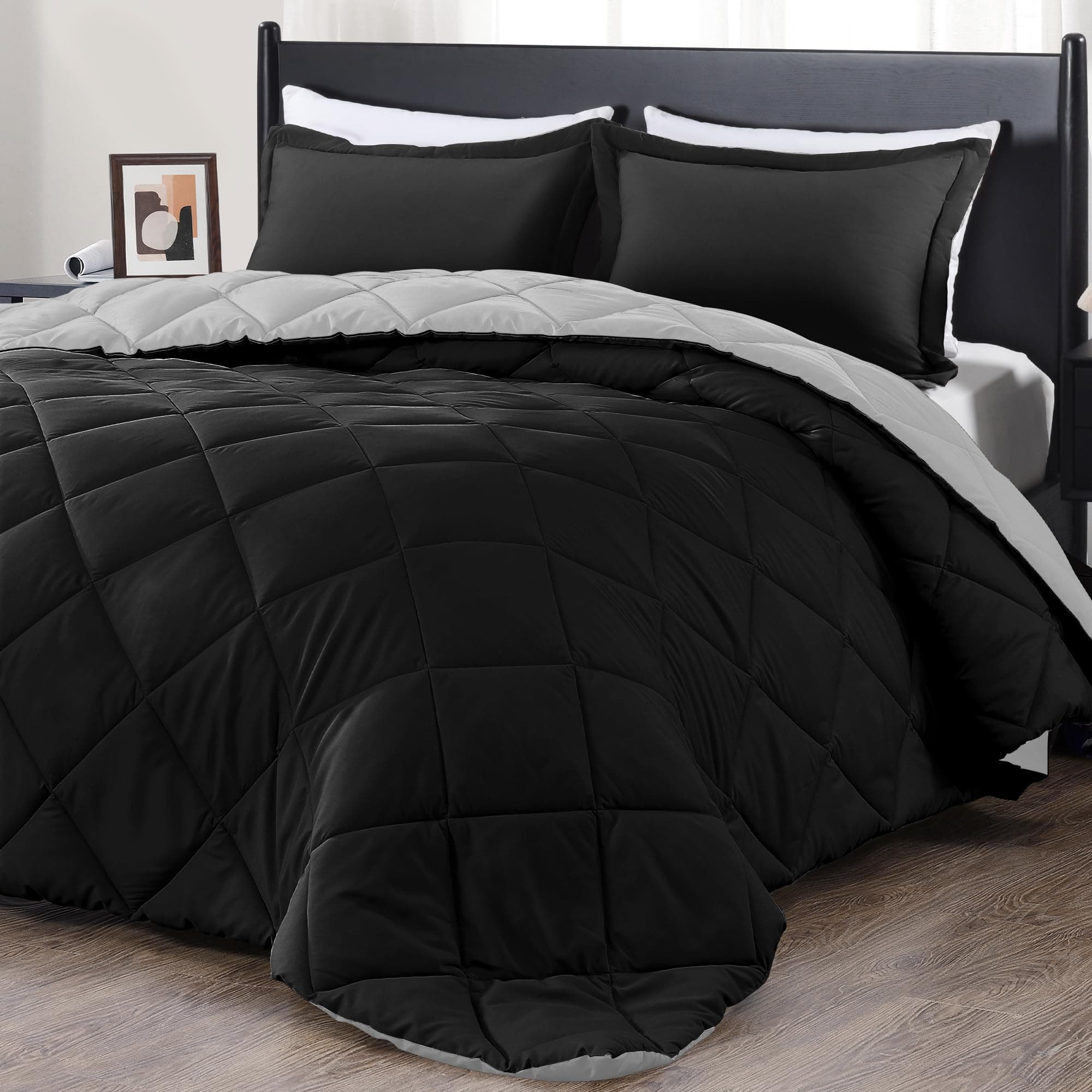 downluxe King Size Comforter Set - Black and Grey King Comforter, Soft Bedding Sets for All Seasons -3 Pieces - 1 Comforter (104"x92") and 2 Pillow Shams(20"x36")