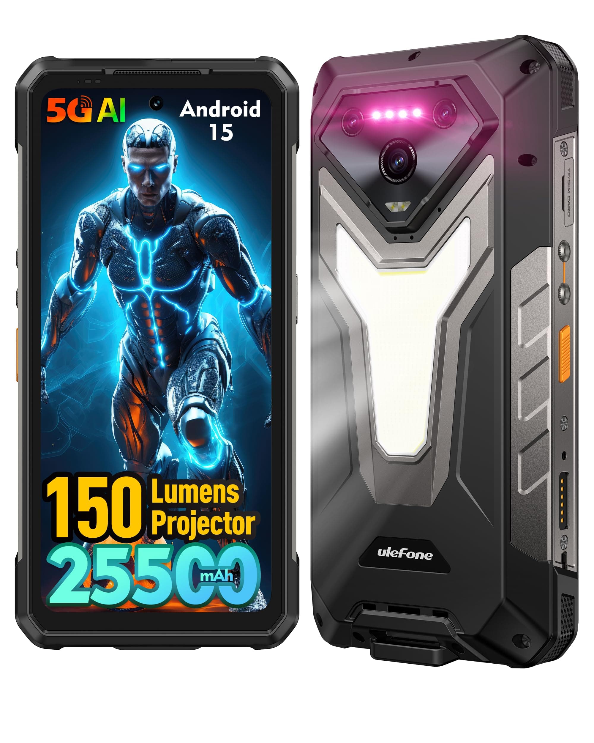 Ulefone Armor 34 Pro Plus 5G Rugged Smartphone with 150 Lumens Projector, 32GB+512GB ROM/2TB, 25500mAh 66W, Android 15, 6.95" 120Hz, 64MP+50MP+50MP 32MP, 1100LM LED Light/Waterproof/NFC/Widevine L1