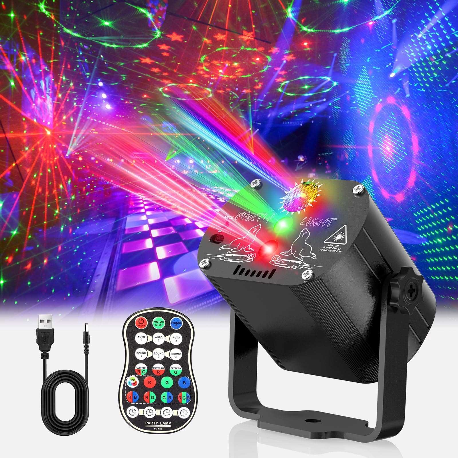 Tyonto Disco Ball, Music Controlled Disco Light, Party Light, 60 Different Patterns, Strobe Effect Party Light with Remote Control and 2 m USB for Family Disco Party Light Children Party Club Birthday