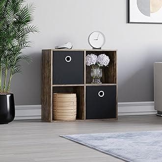 Vida Designs Durham Cube Bookcase Storage Organiser Living Room Bookshelf Home Office Furniture (4 Cube & 2 Black Baskets, Dark Wood)