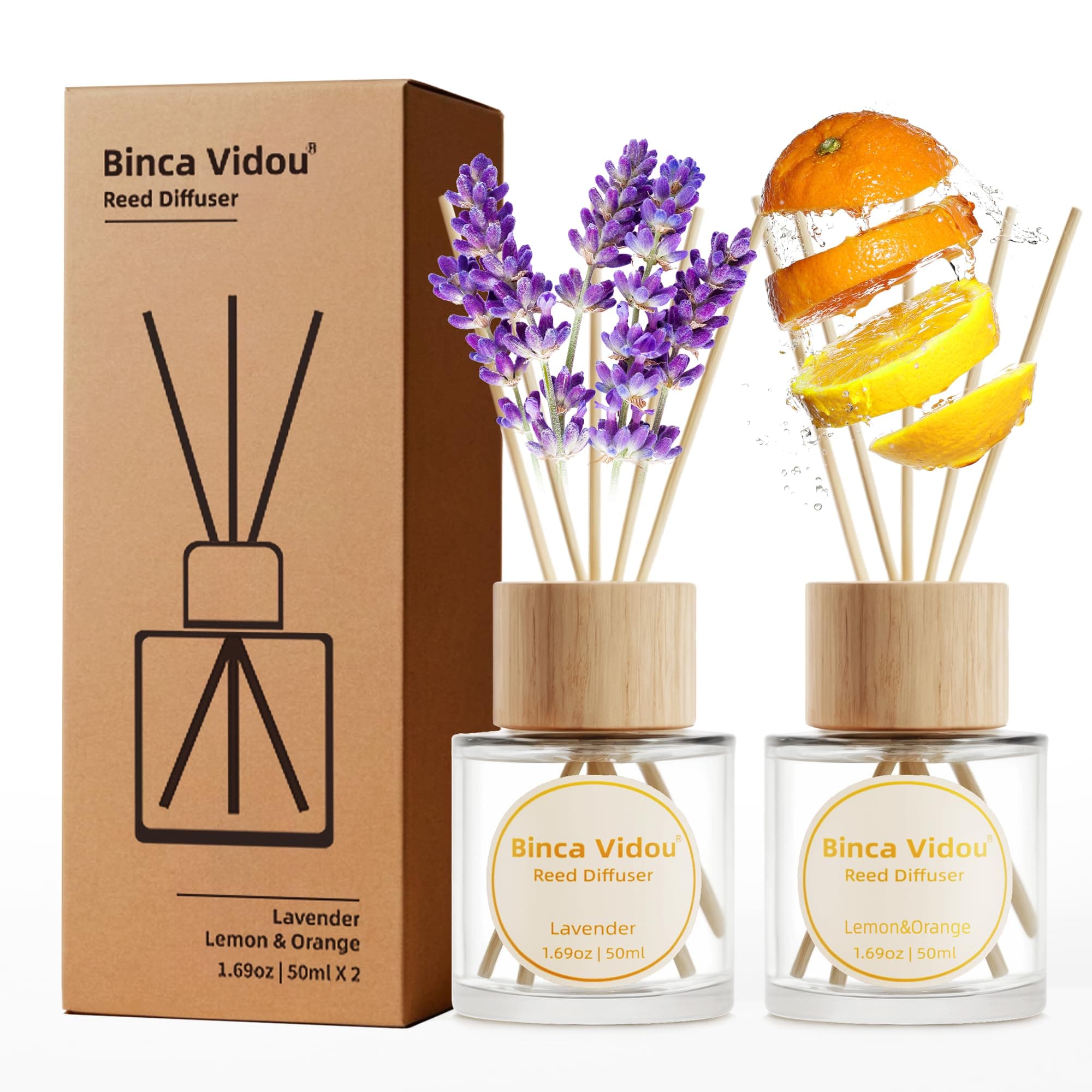 Reed Diffuser Set, Binca Vidou Lavender Orange & Lemon Natural Scent Oil Diffusers with Sticks for Home Office Bathroom Aromatherapy Decor 1.69oz x 2