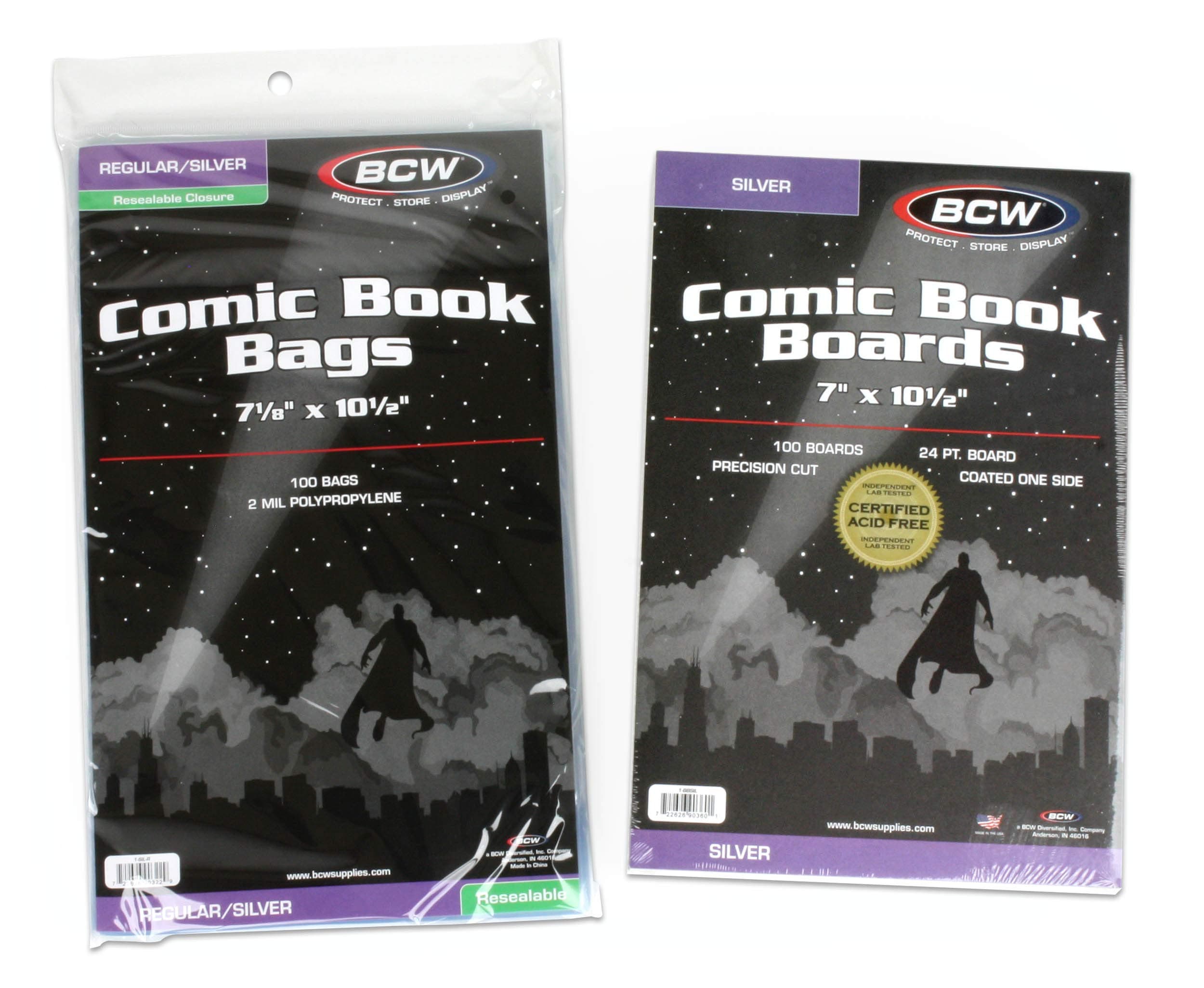 BCW Silver Age Resealable Comic Bags and Boards Combo (100 Ct) | 100 Backing Boards + 100 Resealable Comic Bags | Archival Protection for Silver Age Comics
