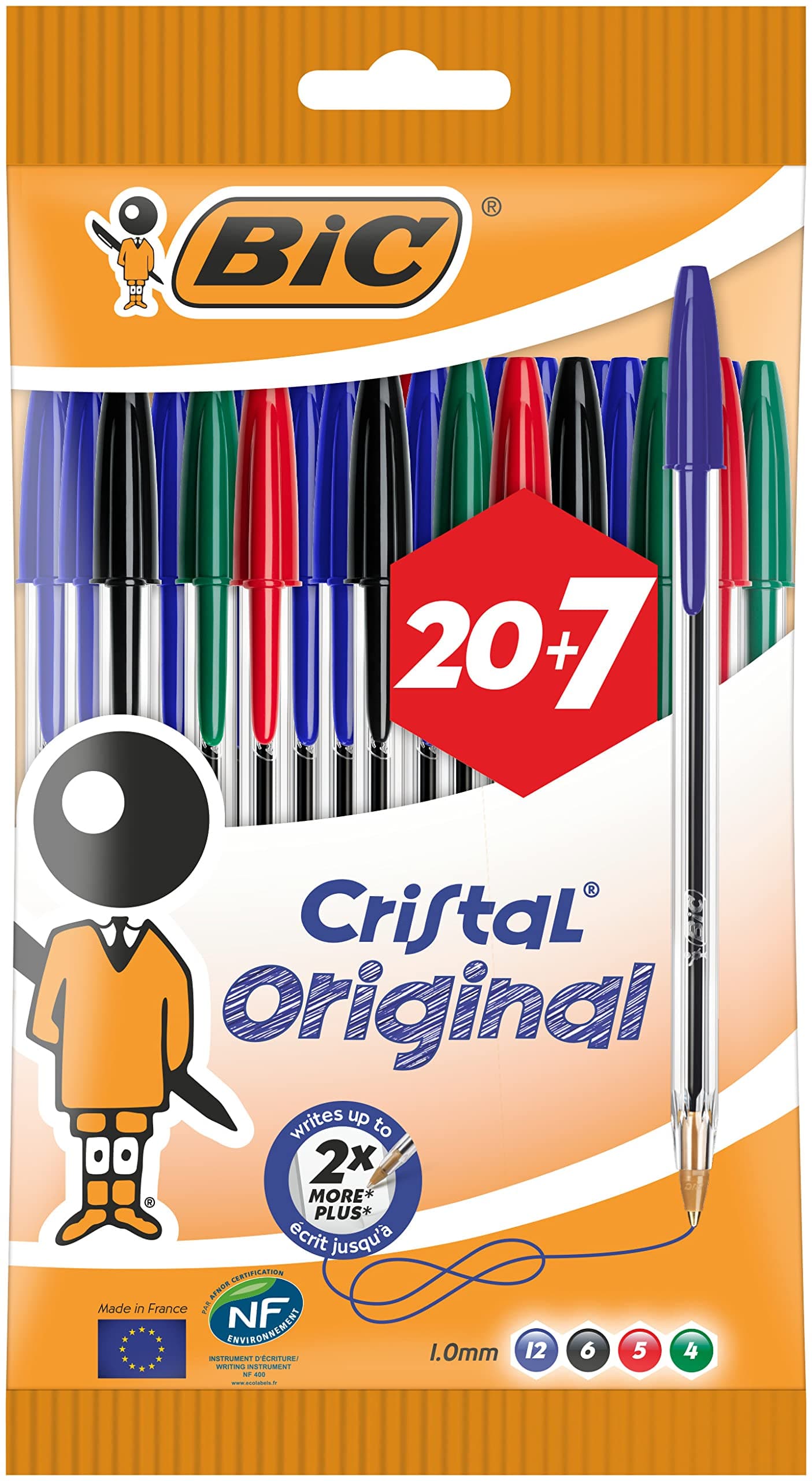 BIC Cristal Original Ballpoint Pens Medium Point (1.0 mm) â€“ Assorted Colours, Pouch of 20+7