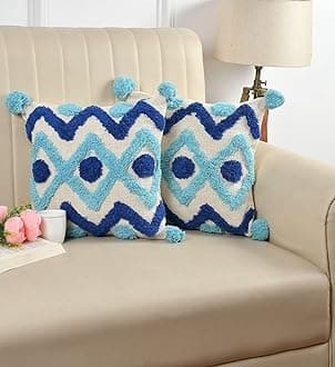 Premium Decorative Throw Cushion Pillow Cover Boho Home Decor - Living Room Bedroom Couch Sofa Cushion Covers 16 inch x 16 inch (1, Blue Geometric)