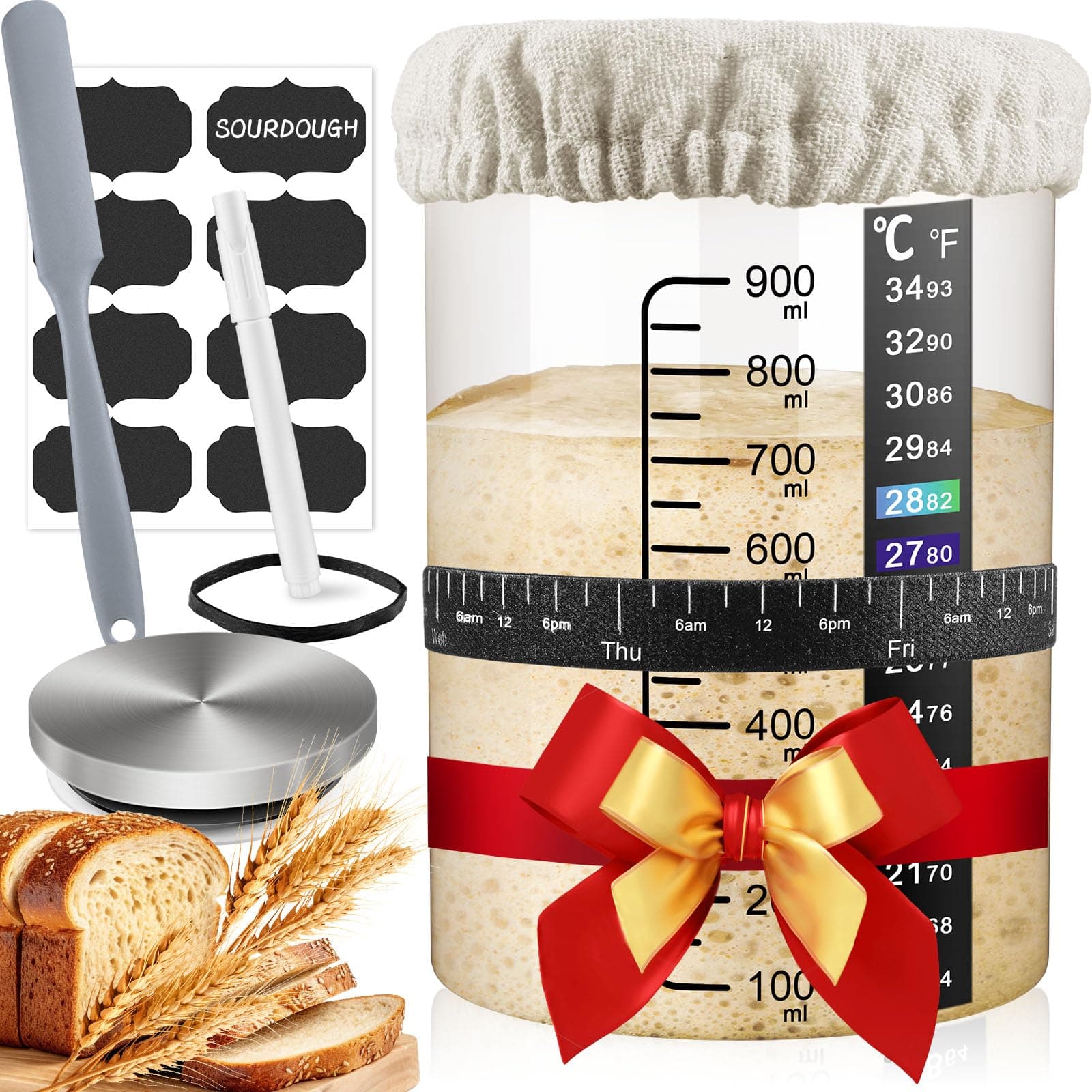 Sourdough Bread Starter Kit - 35 oz Large Capacity Sourdough Starter Container Jar Sourdough Starter Kit with 8 Accessories for the Perfect Sour Dough Bread- Reusable Sourdough Bread Baking Supplies