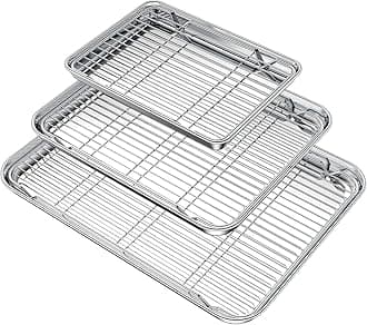 Wildone Baking Sheet with Rack Set (3 Pans + 3 Racks), Stainless Steel Baking Pan Cookie Sheet with Cooling Rack, Non Toxic & Heavy Duty & Easy Clean