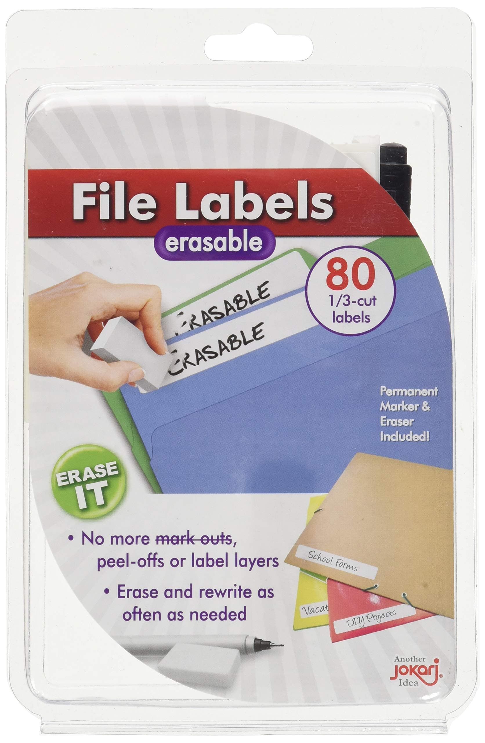 Jokari Label Once Erasable File Folder Labels Starter Kit – 80 Reusable 1/3-Cut Labels with Permanent Marker and Eraser – Writable & Rewritable Tab Stickers for Filing Cabinets, Office, School, Home