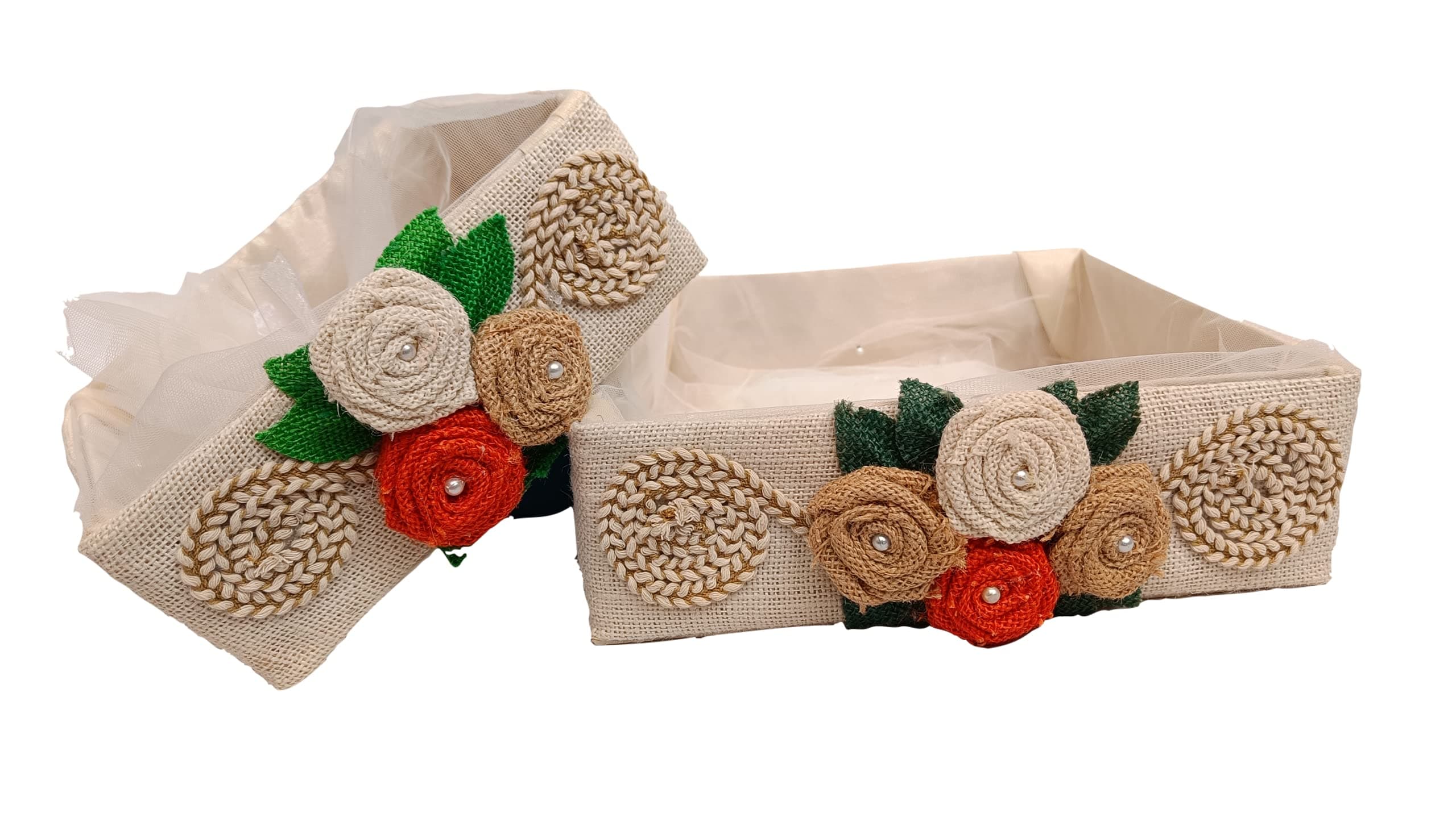 Rishiz Jutte Designer Fabric Gift Hamper Square Basket with Top Net, Fancy Gift Packaging, Room Hampers (Size- 10 & 8 Inches) (Set of 2 Baskets) (White)