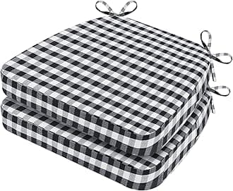 AAAAAcessories D-Shaped Chair Cushions, 2" Thick Dining Chair Pads with Ties and Removable, Machine-Washable Cover, 17" x 16", Set of 2, Checkered Black/White