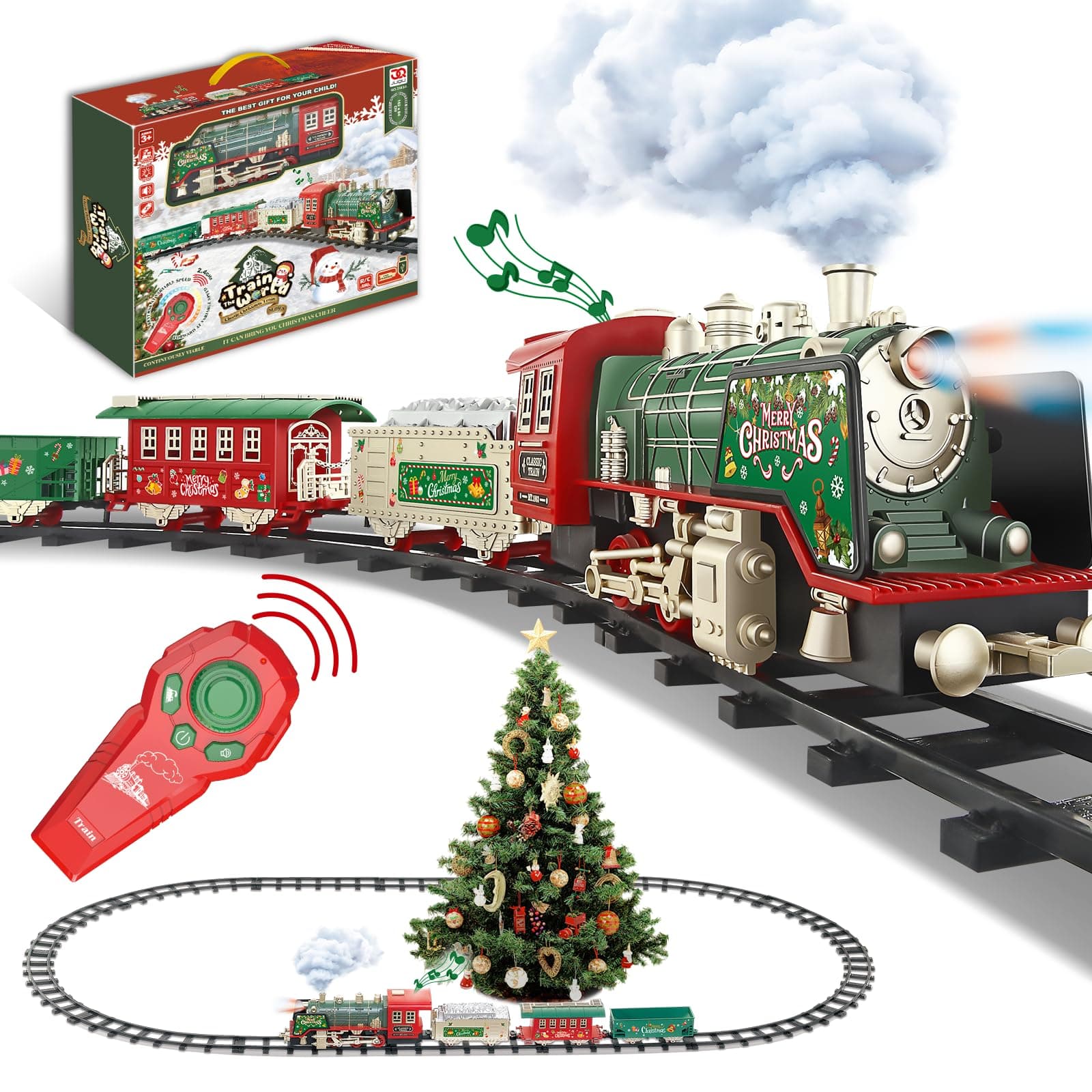 Train Set- Remote Control Train Toys w/4 Speed, Smokes, Lights & Sound(ON/Off), Train w/Rechargeable Battery &Locomotive Engine, 4 Cars & Tracks，ChristmasTrains Gifts for Kids, Boys & Girls