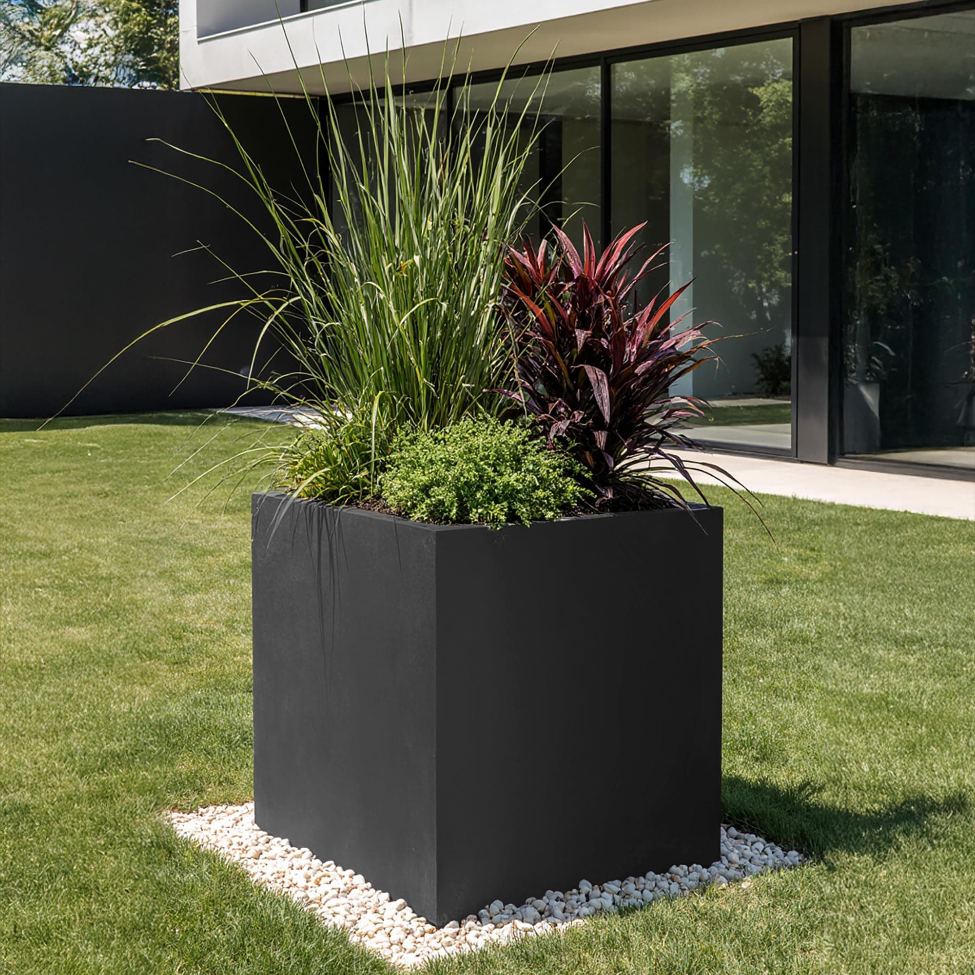 IDEALIST 60cm Large Square Planter for Trees | Dark Grey Reinforced Stone Flower Pot with Drainage Holes H60 L60 W60 cm, 195 litres