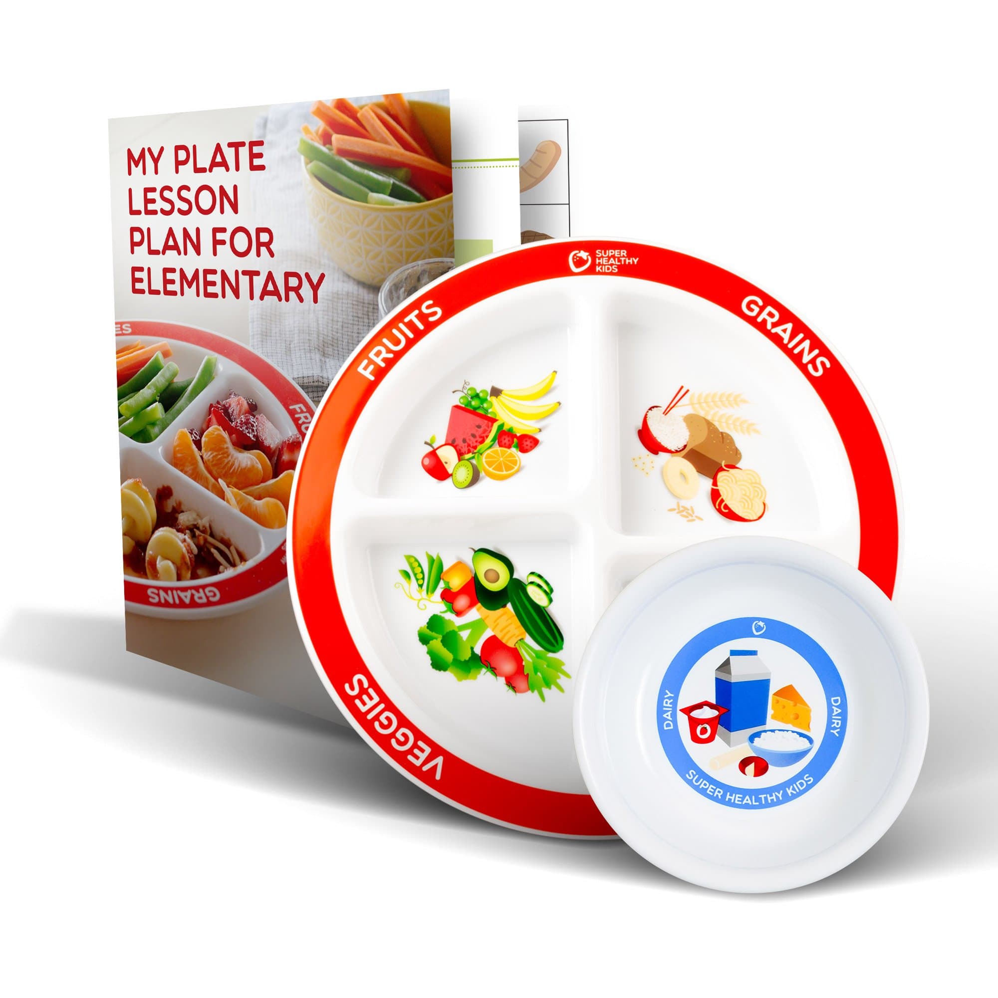 Health Beet MyPlate Portion Control Plate with Dairy Bowl & Elementary Healthy Eating Lesson Plan - 4 Divided Sections of Fruit Grains Veggies Proteins for Health Education (Set of 1 Each)