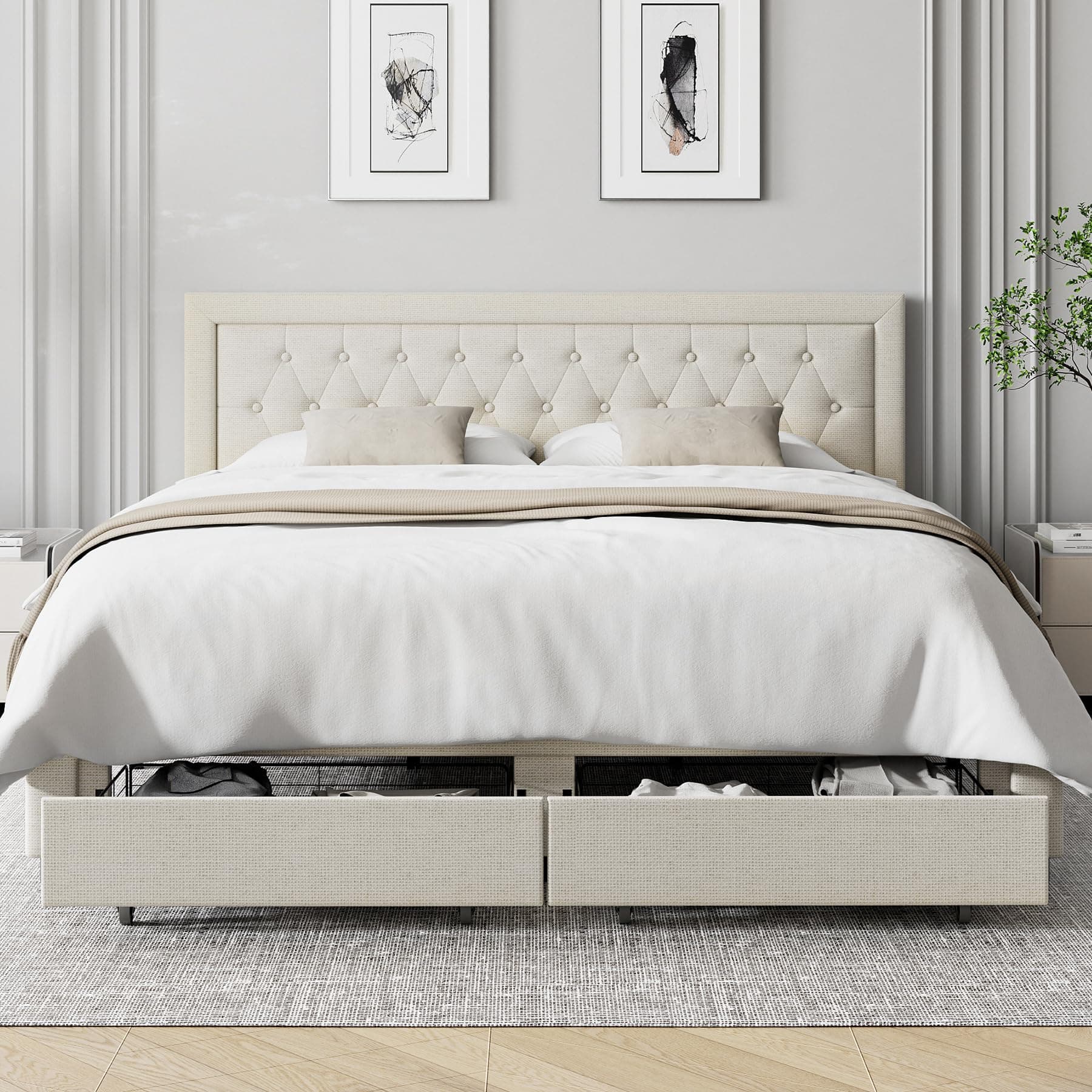 Keyluv Queen Bed Frame with 2 Storage Drawers and Adjustable Headboard, High-End Fabric Platform Bed with Button Tufted, Wooden Slats No Box Spring Needed/Easy Assembly, Beige