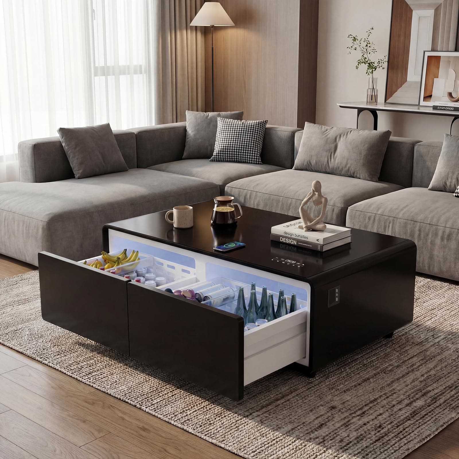 Smart Coffee Table, 27.8" D x 51" W x 18.1" H, Living Room Table with Built in Fridge and Speakers, Smart Table with 15W Wireless Charging, USB Chargers and 110V Outlets (Black)