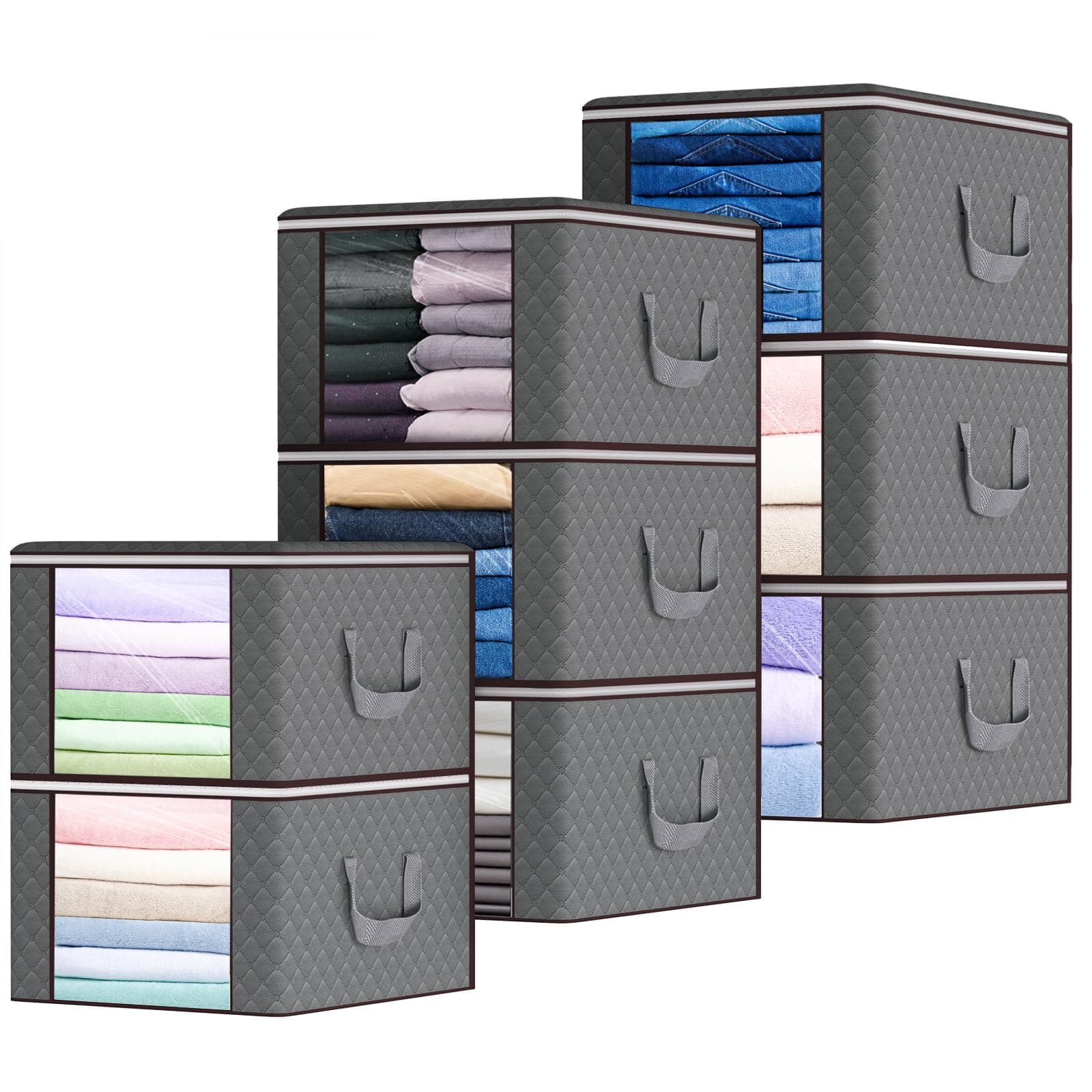 Isbasa 8 Pack 90L Foldable Storage Bags for Large Clothes, Comforter, Blanket, Pillow with Clear Window Sturdy Zipper and Reinforced Thick Fabric Handle, Grey