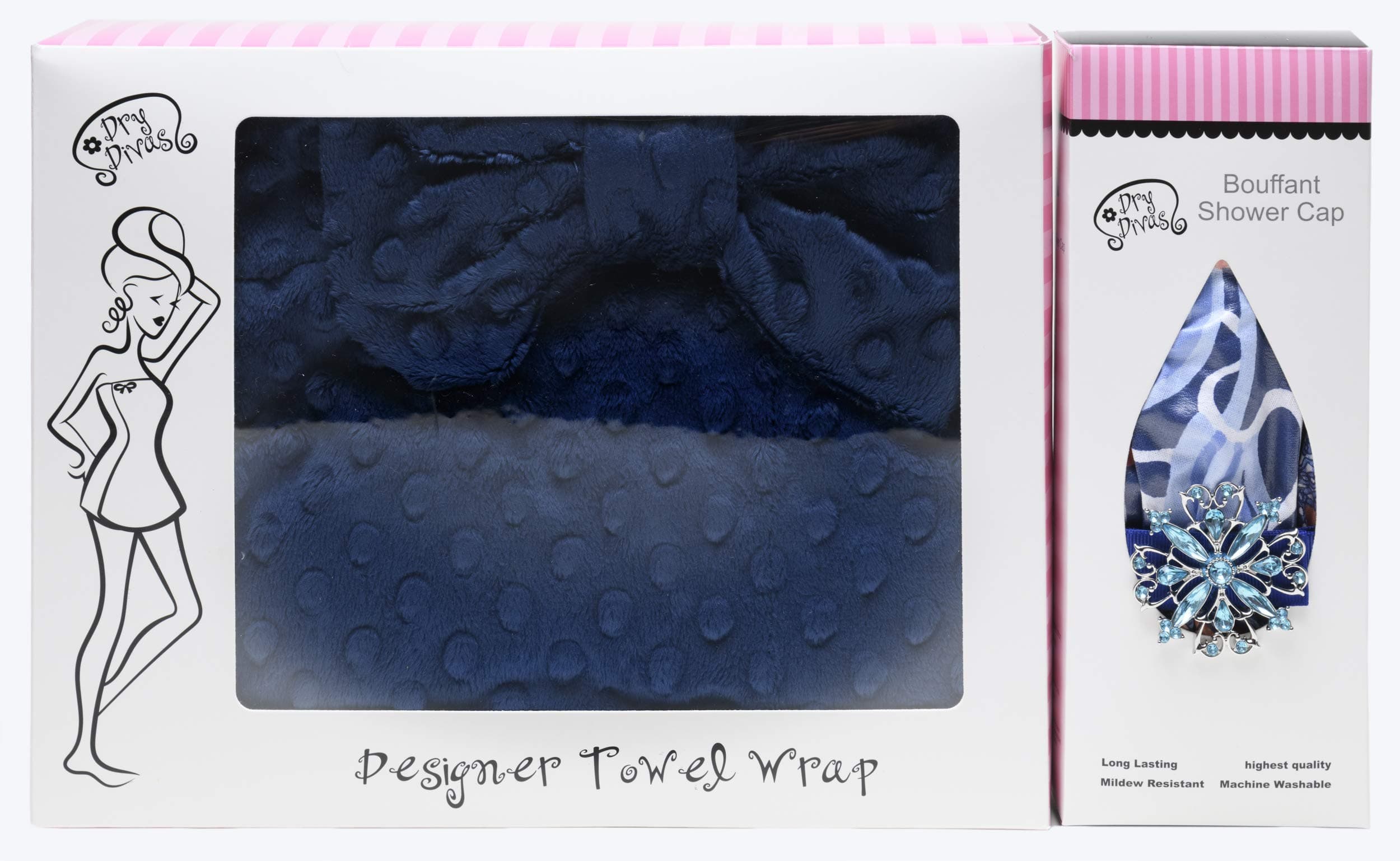 Dry Divas Designer Shower Cap and Towel Wrap Duo Bundle - Washable Bouffant Shower Cap With Minky Bow Towel (Navy Towel/She Sells Seashells Cap) (Medium/Large)