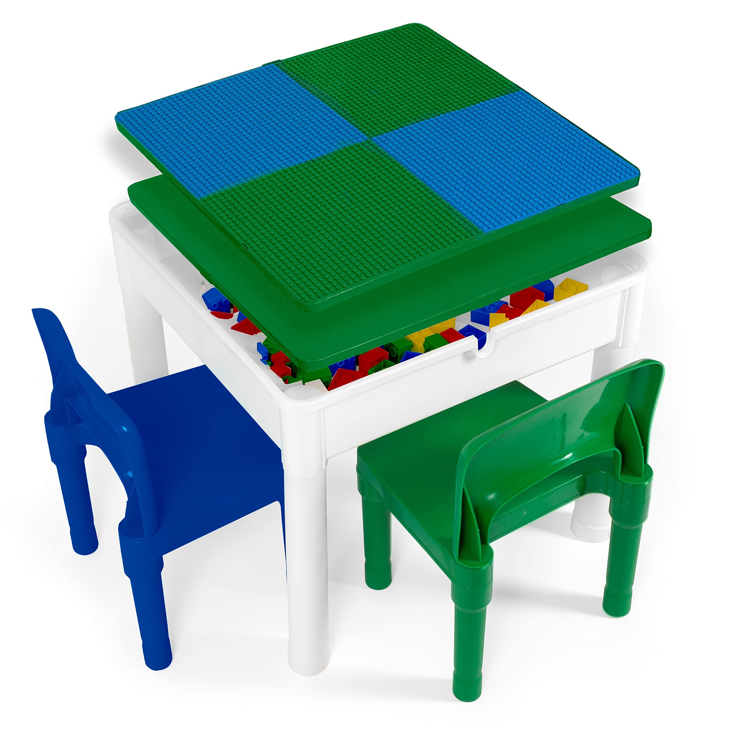 Play Platoon (Blue & Green) - Kids Activity Table Set - 3 in 1 Water Table, Craft Table and Building Brick Table with Storage - Includes 2 Chairs and 25 Jumbo Bricks - Blue and Green