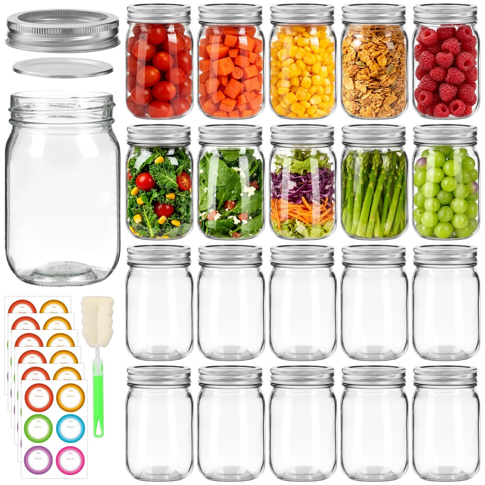 20 Pack 12 oz Mason Jars with Lids and Bands, Regular Mouth Glass Canning Jars with Labels and Brusher for Storage, Canning & Preserving, Dishwasher & Microwave Safe