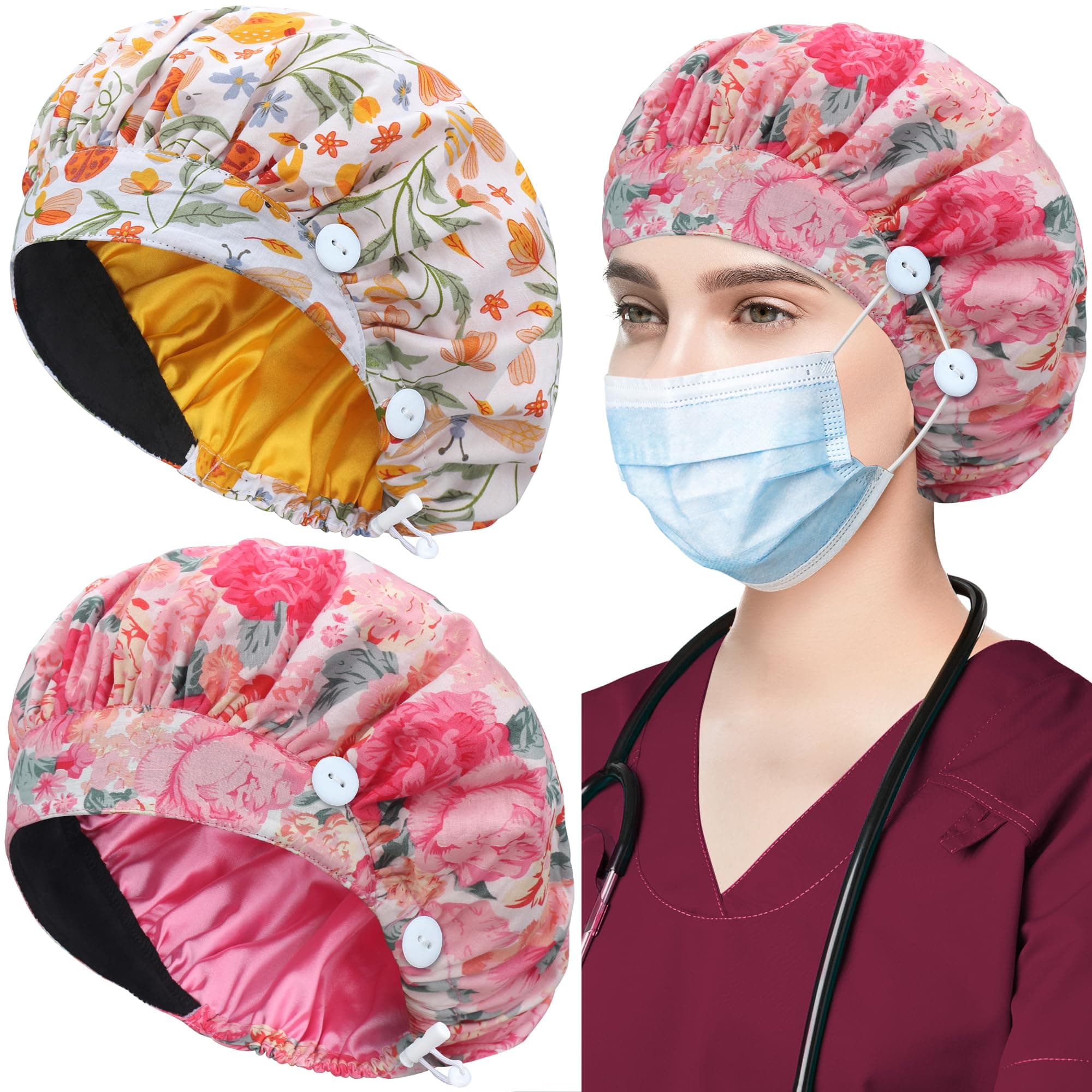 2 Pack Bouffant Caps with Button and Sweatband, Adjustable Scrub Caps for Women Men, One Size Multi Color