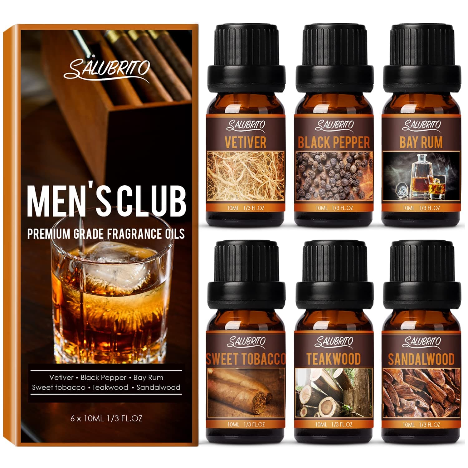 SALUBRITO Essential Oils Gift Set for Men, Natural Essential Oils for Diffusers for Home, Premium Fragrance Oils Set - Sandalwood, Teakwood, Sweet Tobacco, Bay Rum, Black Pepper, Vetiver