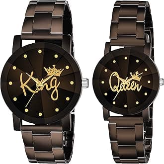 SWADESI STUFF Black King Queen Dial Round Shape Stainless Steel Strap Analog Couple Watch for Men and Women_Combo of 2
